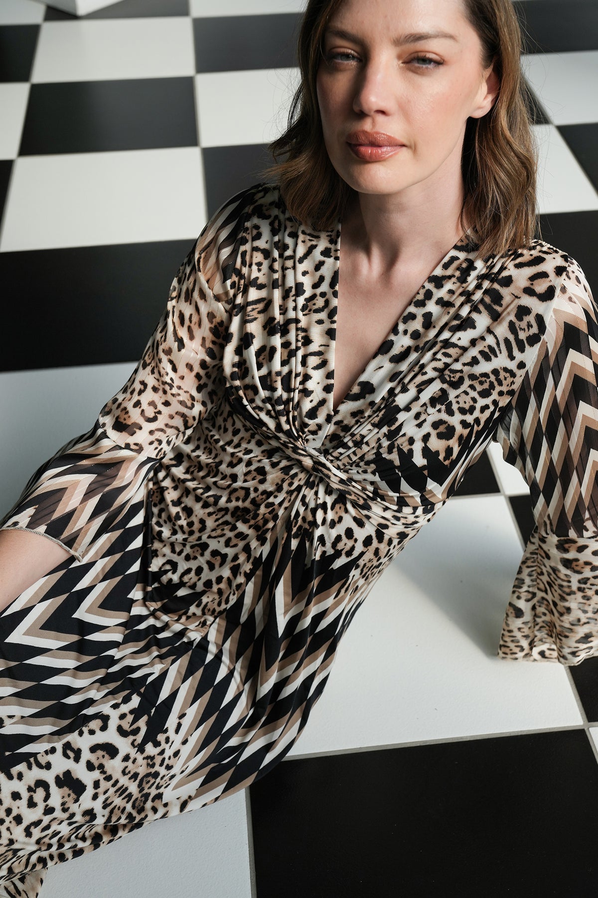 Leopard Zigzag Knot Dress With Sleeves