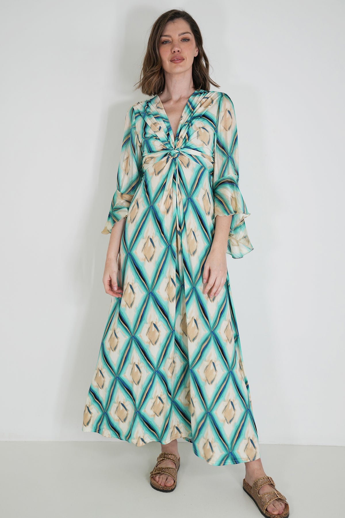 Turquoise and Cream Knot Dress With Sleeves