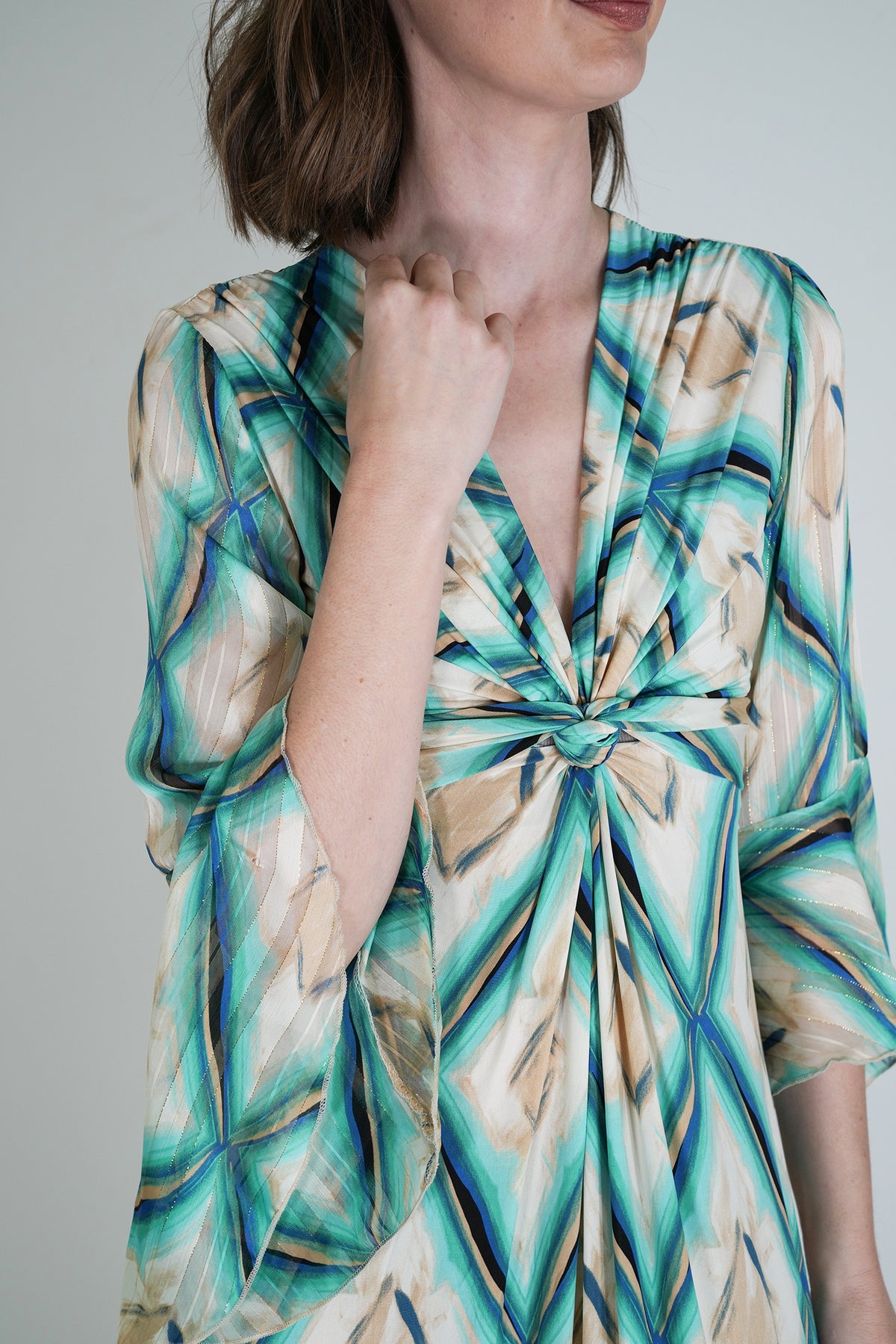 Turquoise and Cream Knot Dress With Sleeves