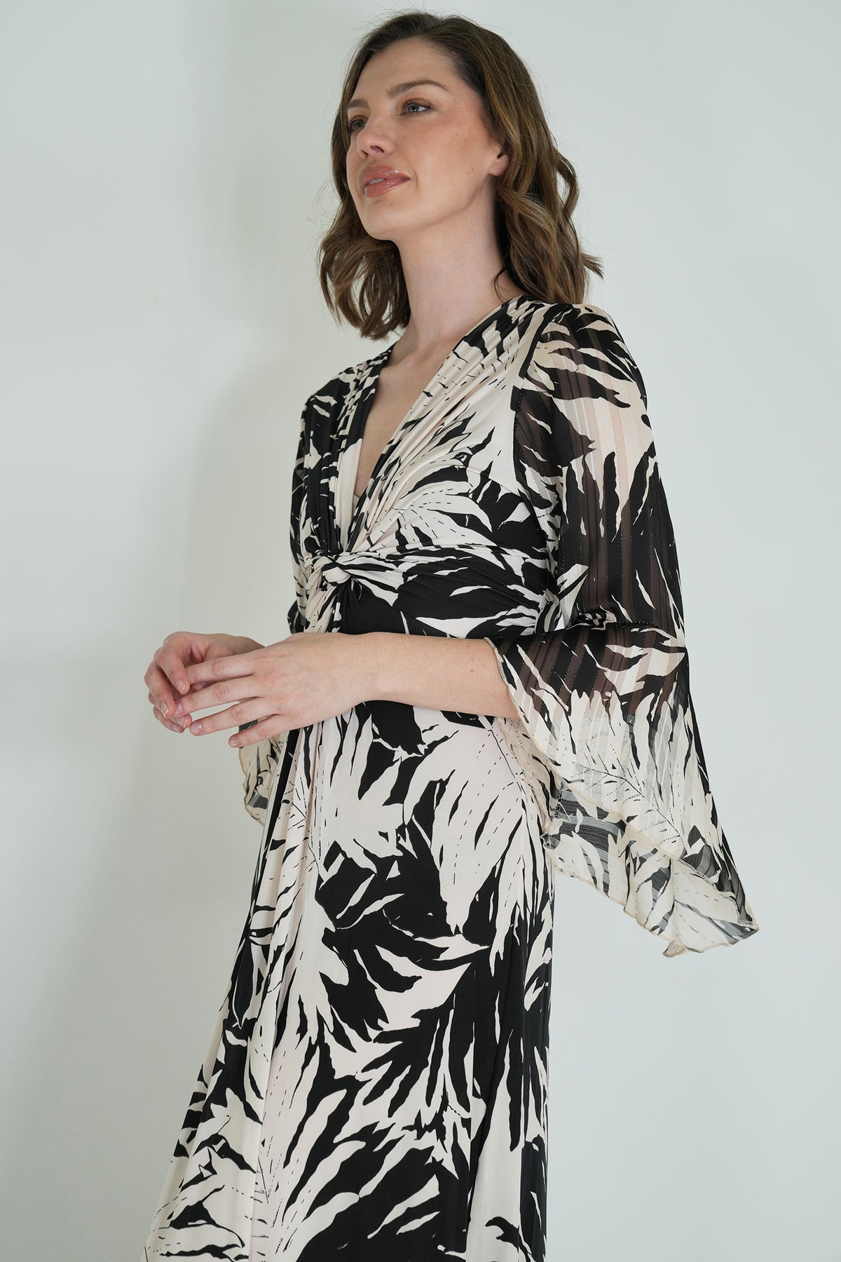 Monochrome Leaf Print Knot Dress With Sleeves