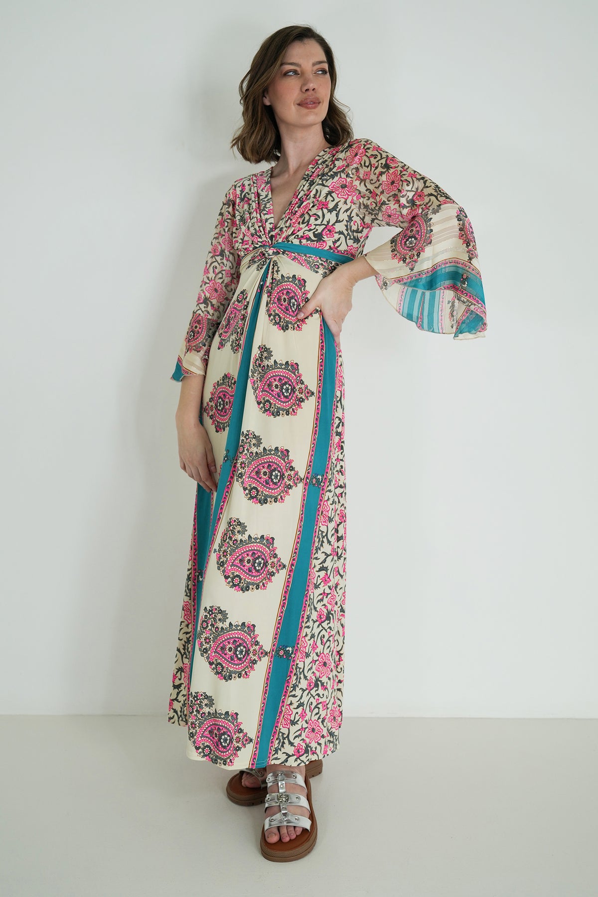 Pink and Turquoise Knot Dress With Sleeves