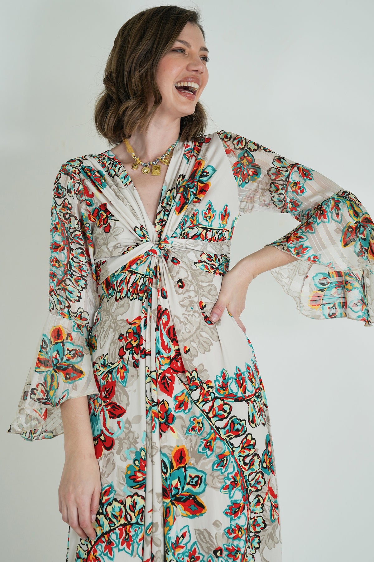 Cream Floral Knot Dress With Sleeves