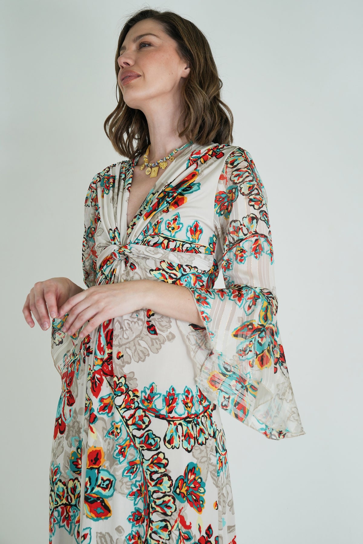 Cream Floral Knot Dress With Sleeves