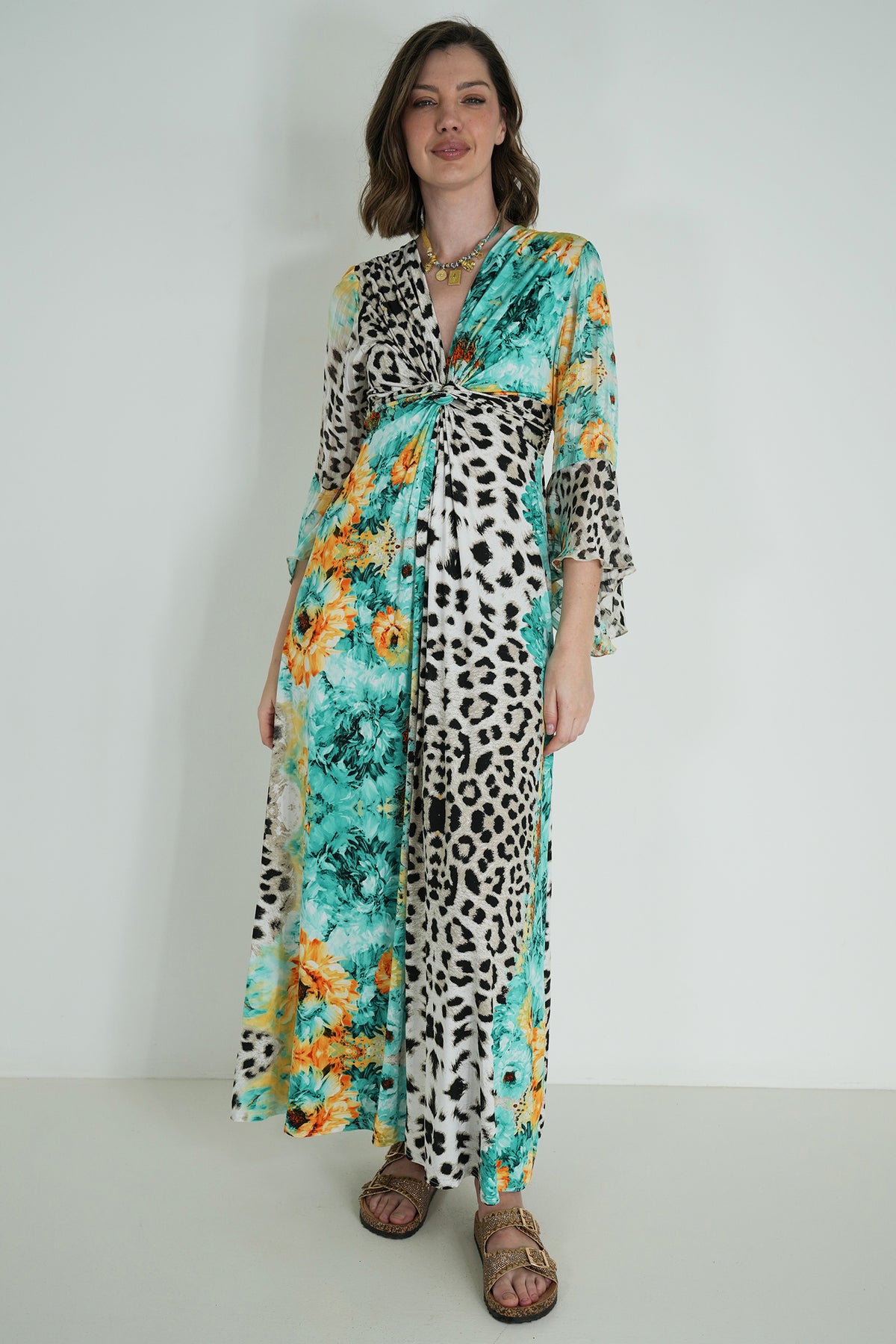 Green Leopard Floral Knot Dress With Sleeves