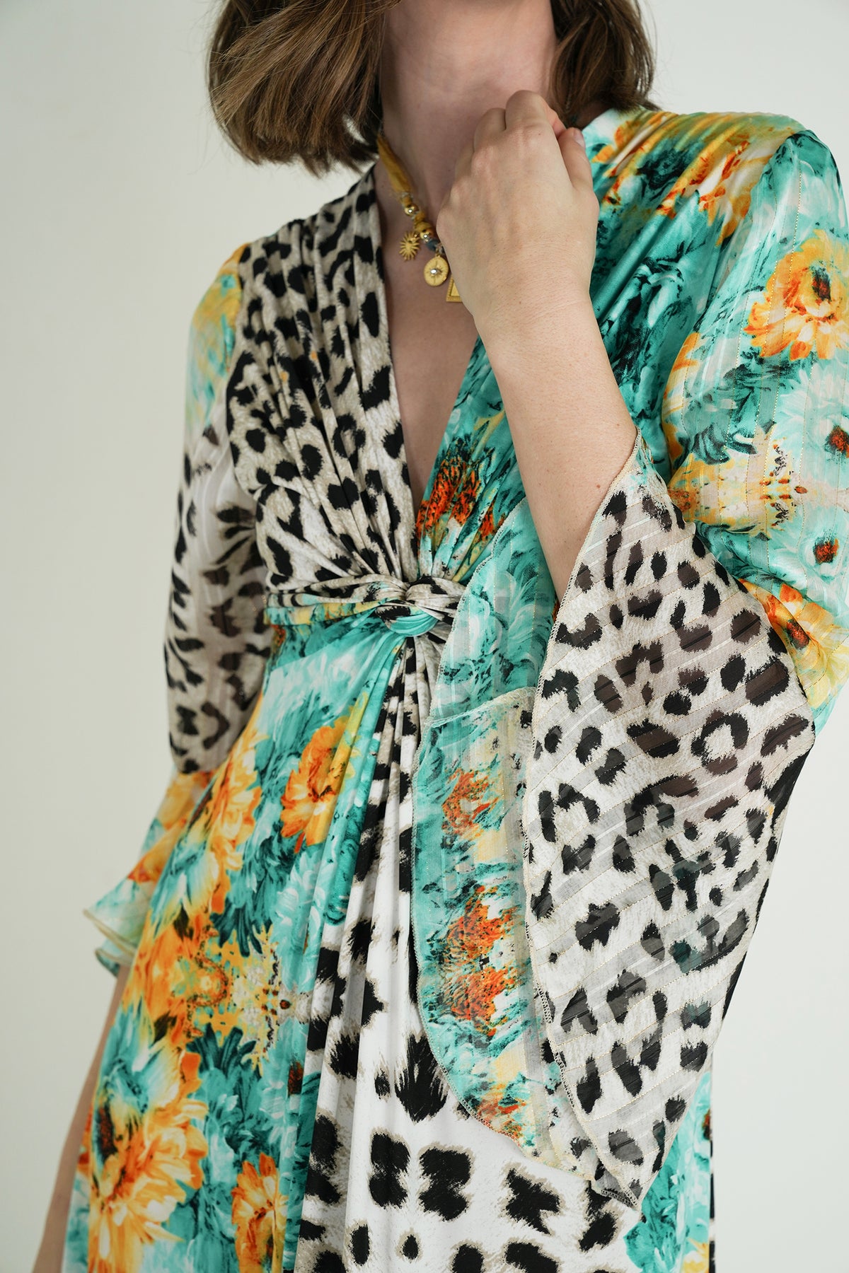 Green Leopard Floral Knot Dress With Sleeves