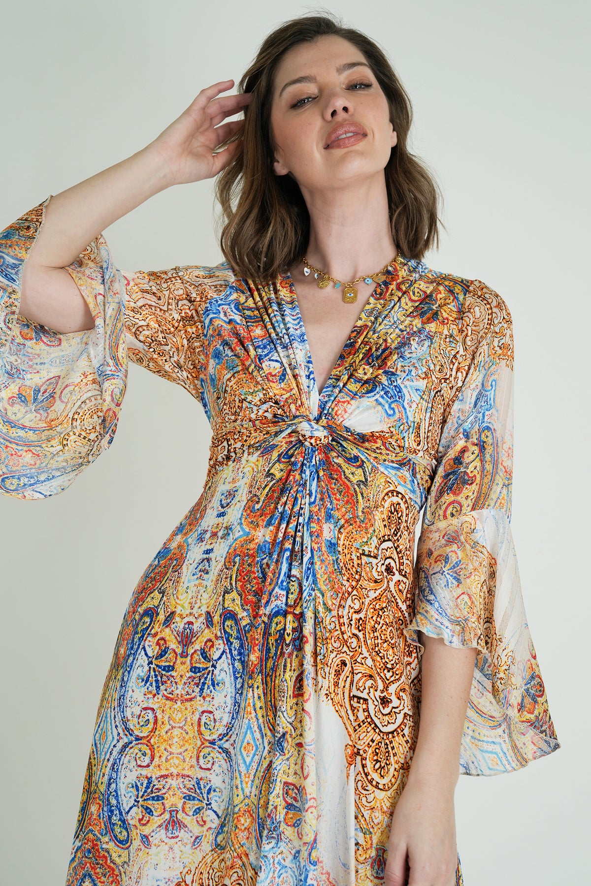 Blue and Yellow Paisley Knot Dress With Sleeves