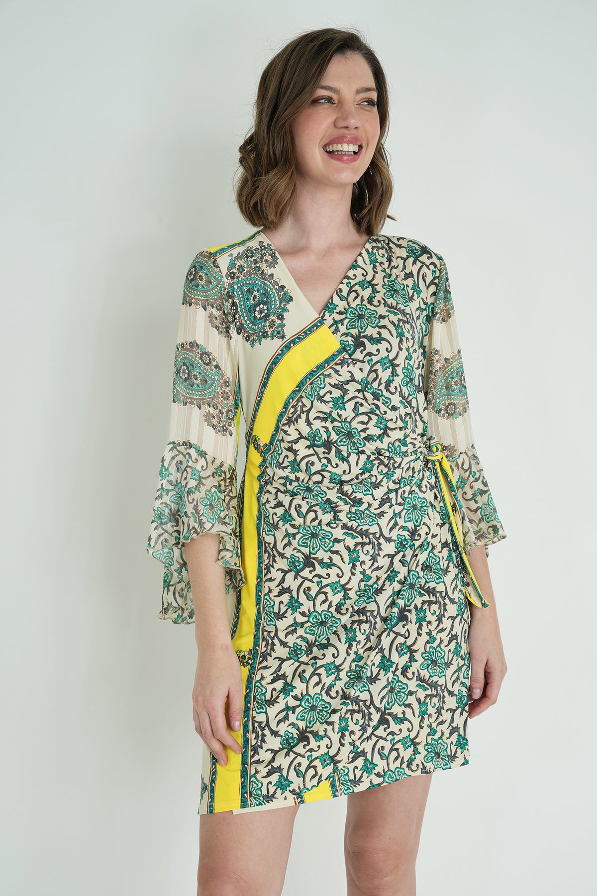 Green and Yellow Eliza Wrap Dress