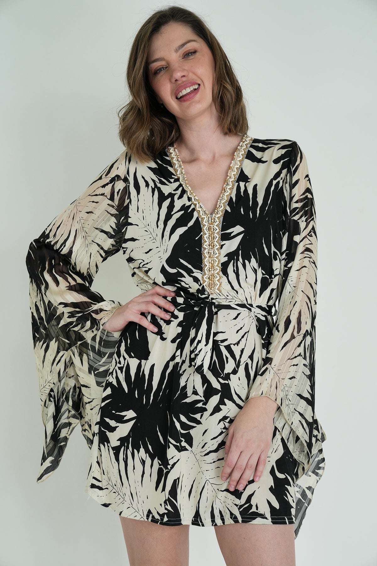 Monochrome Leaf Print St Tropez Tunic Dress