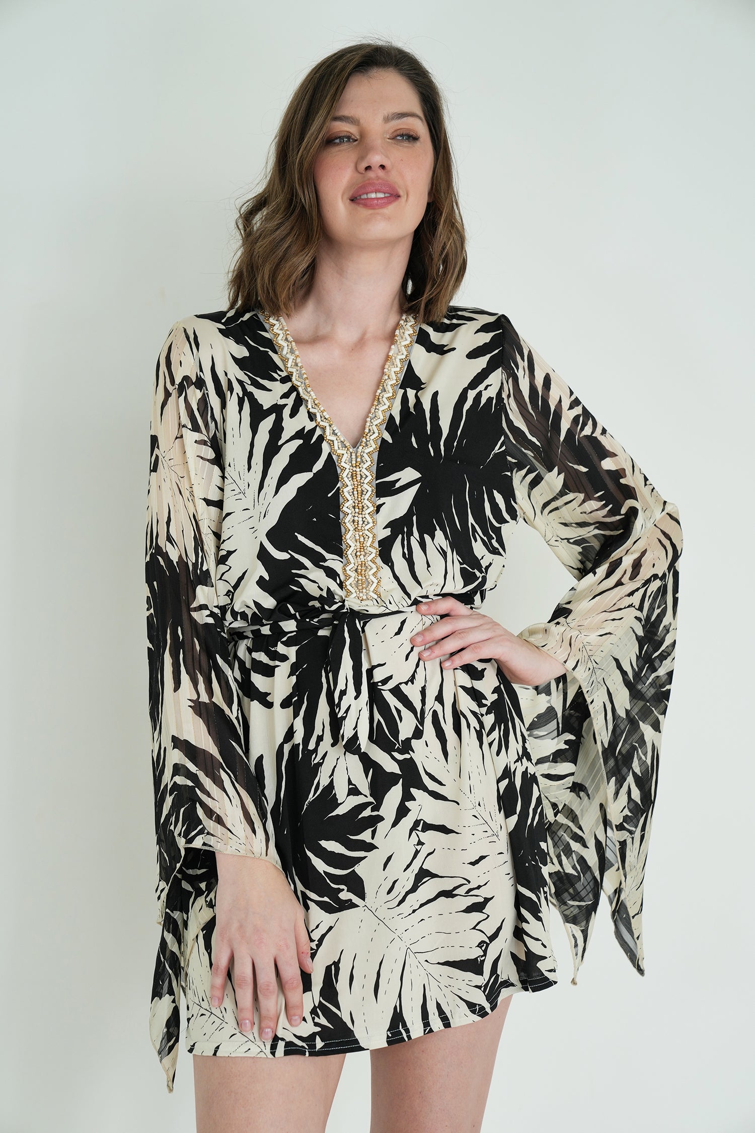 Monochrome Leaf Print St Tropez Tunic Dress