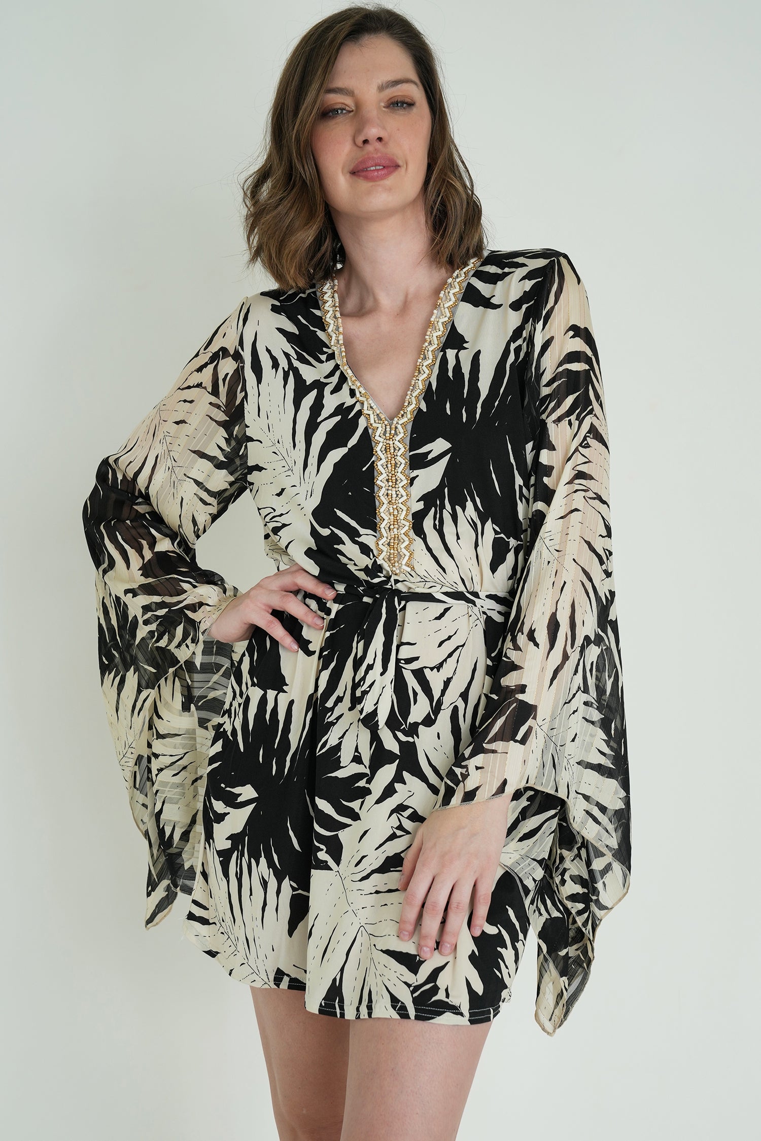 Monochrome Leaf Print St Tropez Tunic Dress
