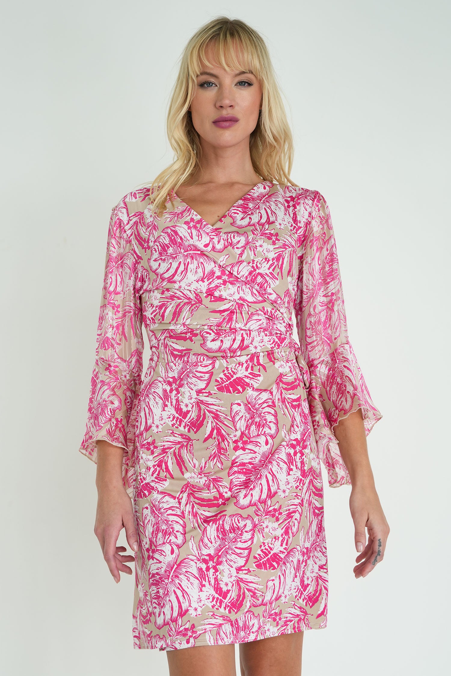 Taupe and Pink Floral Eliza Wrap Dress