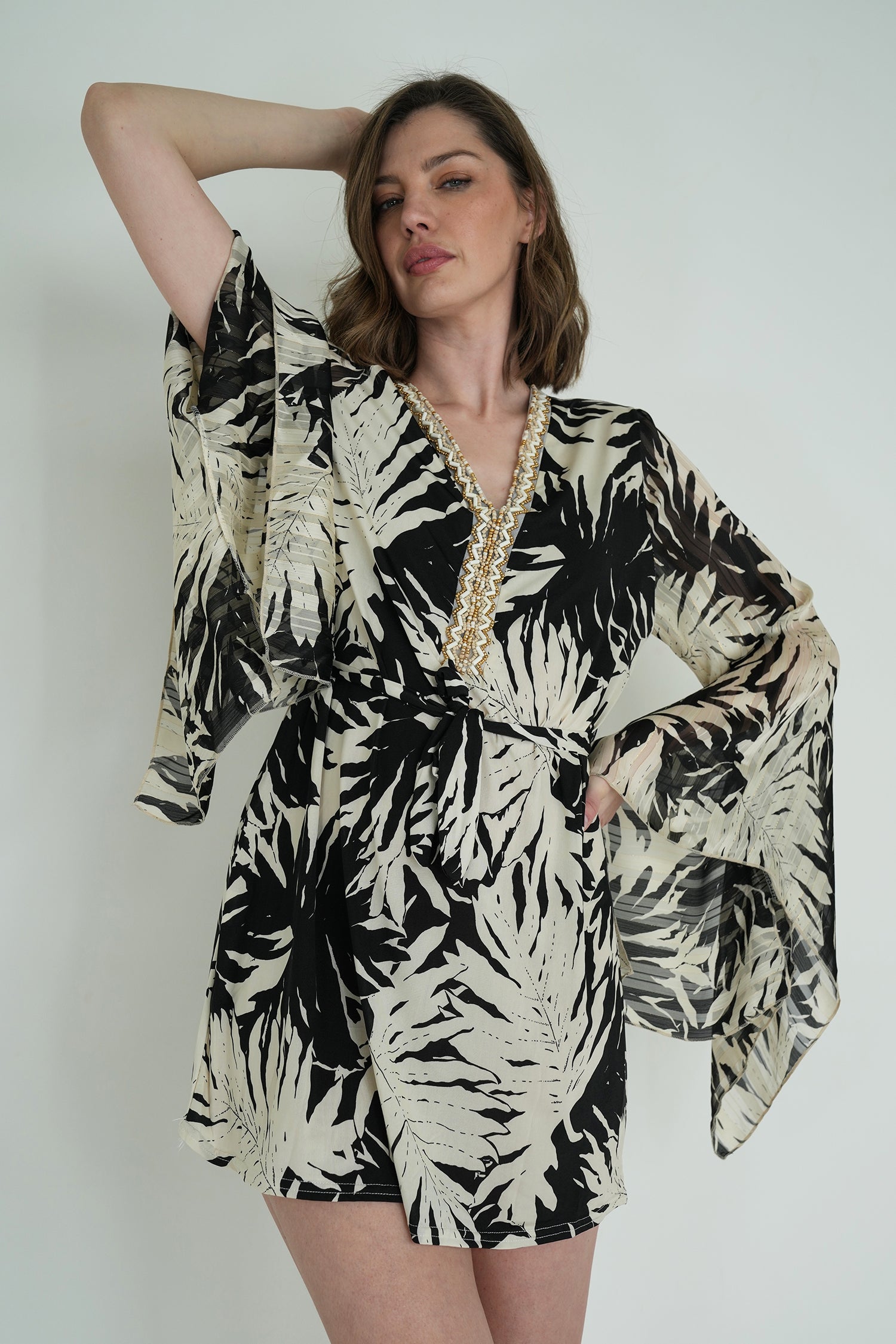 Monochrome Leaf Print St Tropez Tunic Dress