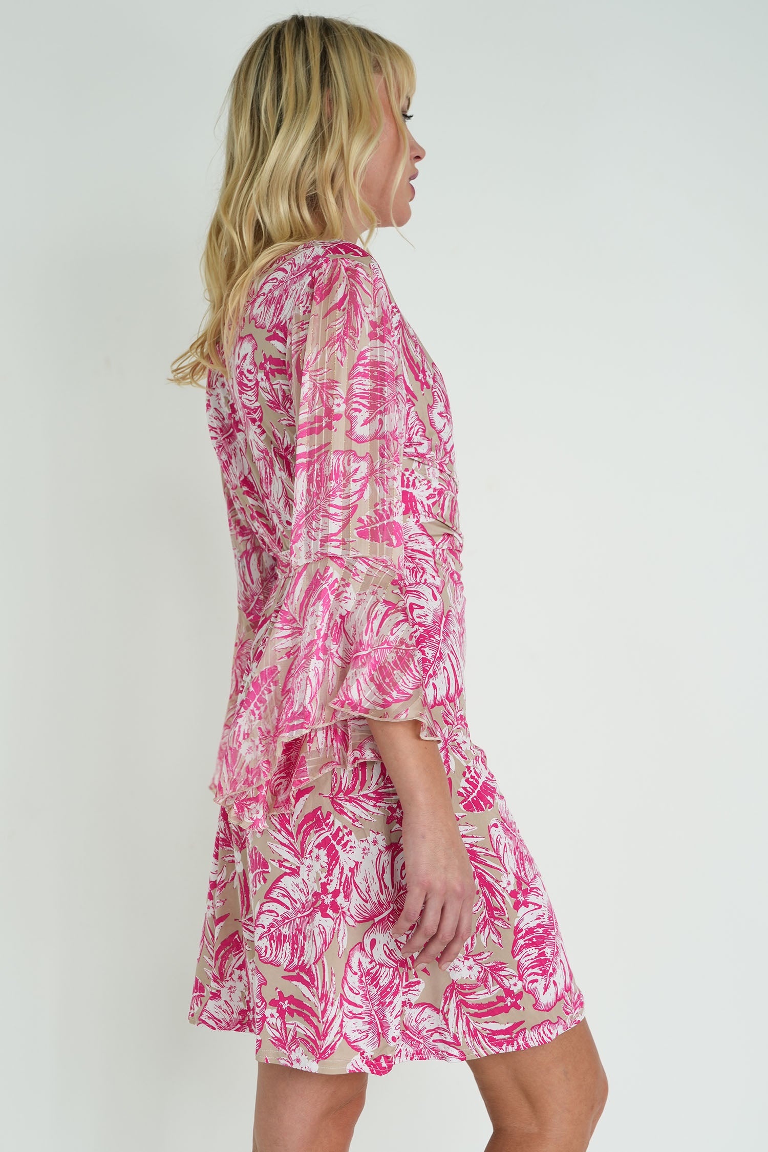 Taupe and Pink Floral Eliza Wrap Dress