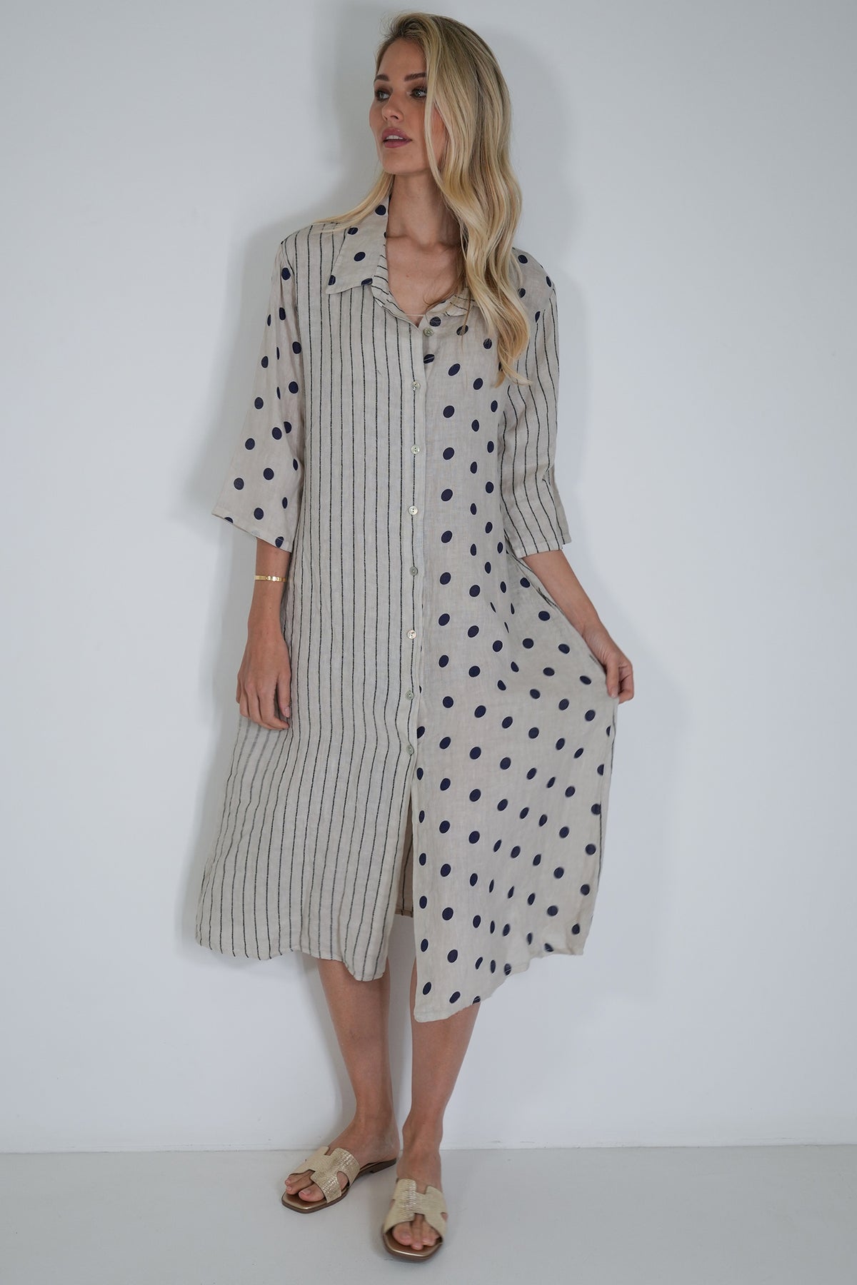 Cream Ink Spot Stripe Linen Dress