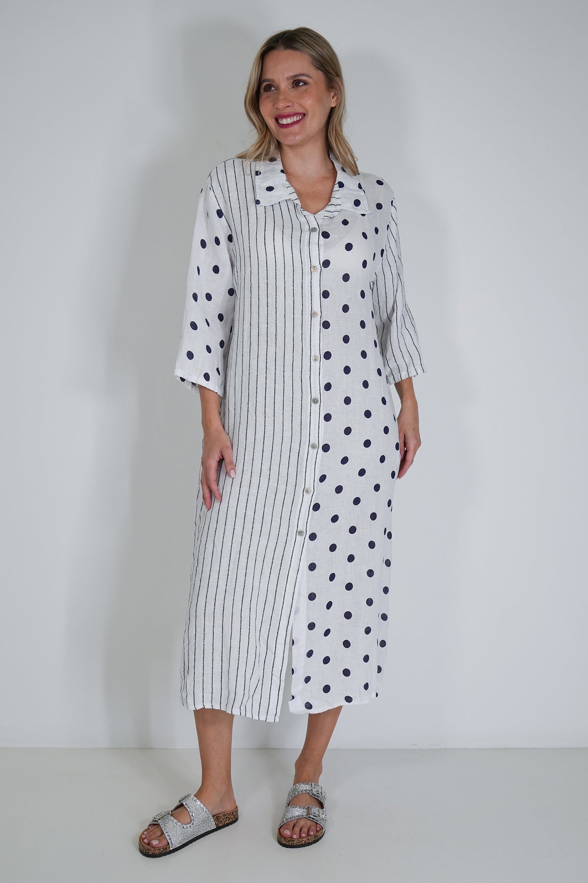White Ink Spot Stripe Linen Dress
