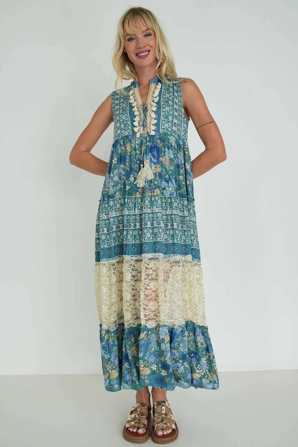 Teal Floral Sleeveless Heather Dress