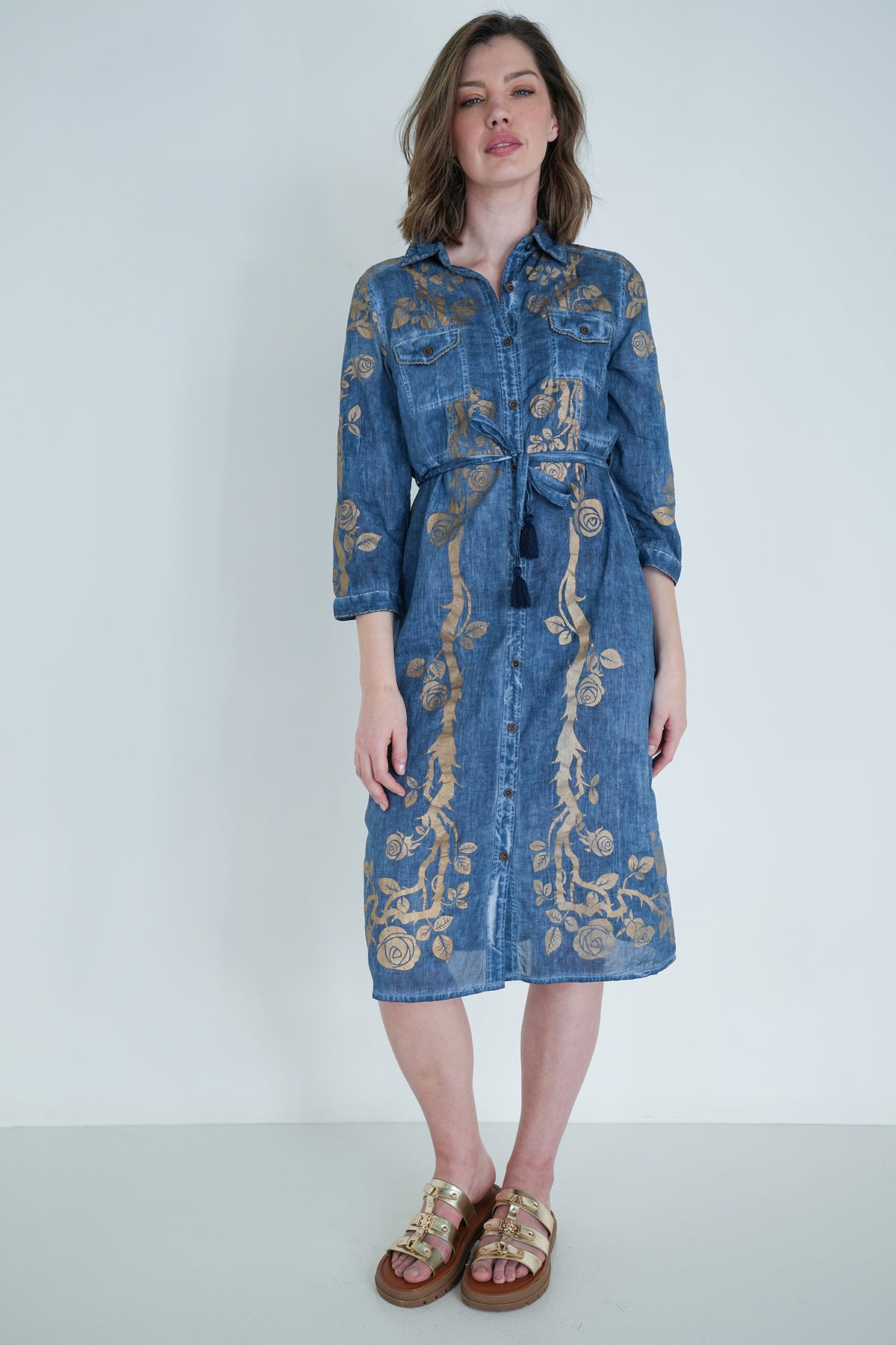 Denim Gold Print Shirt Dress