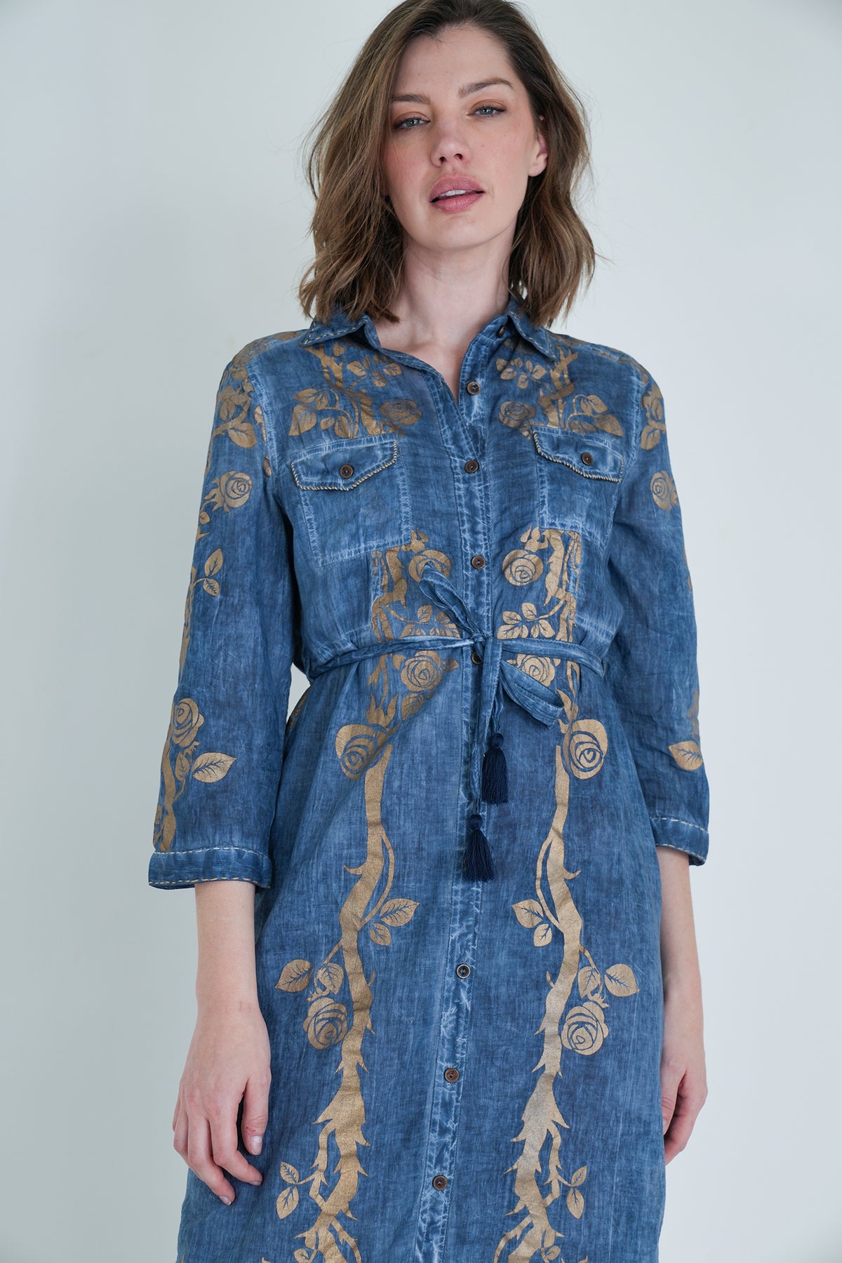 Denim Gold Print Shirt Dress