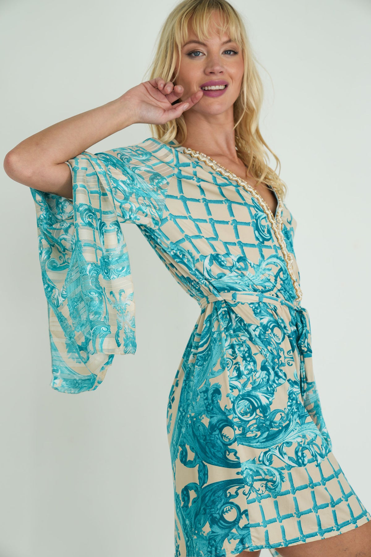 Cream and Turquoise Floral St Tropez Tunic Dress