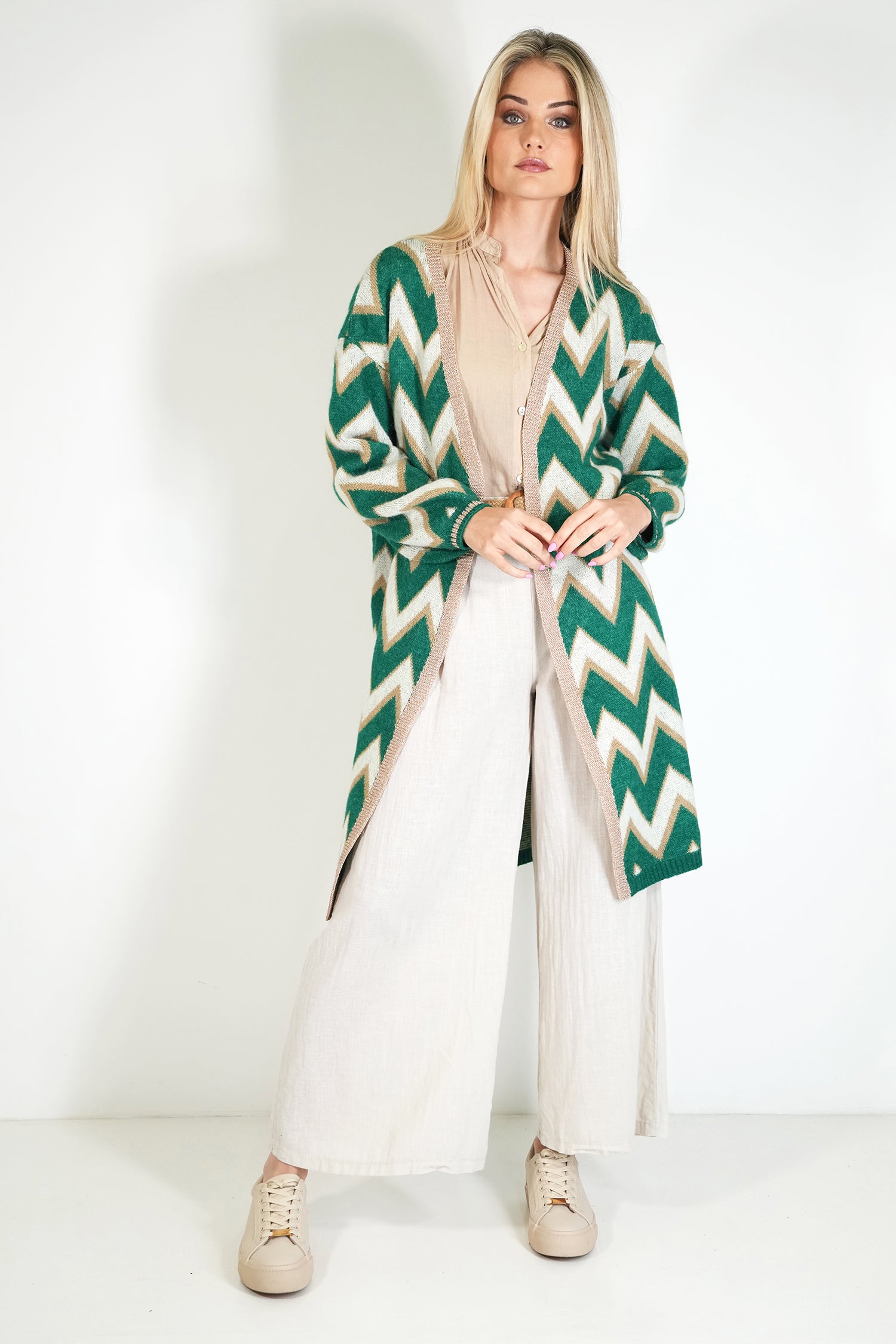 Green and Cream Zig Zag Cosy Longer Length Cardigan
