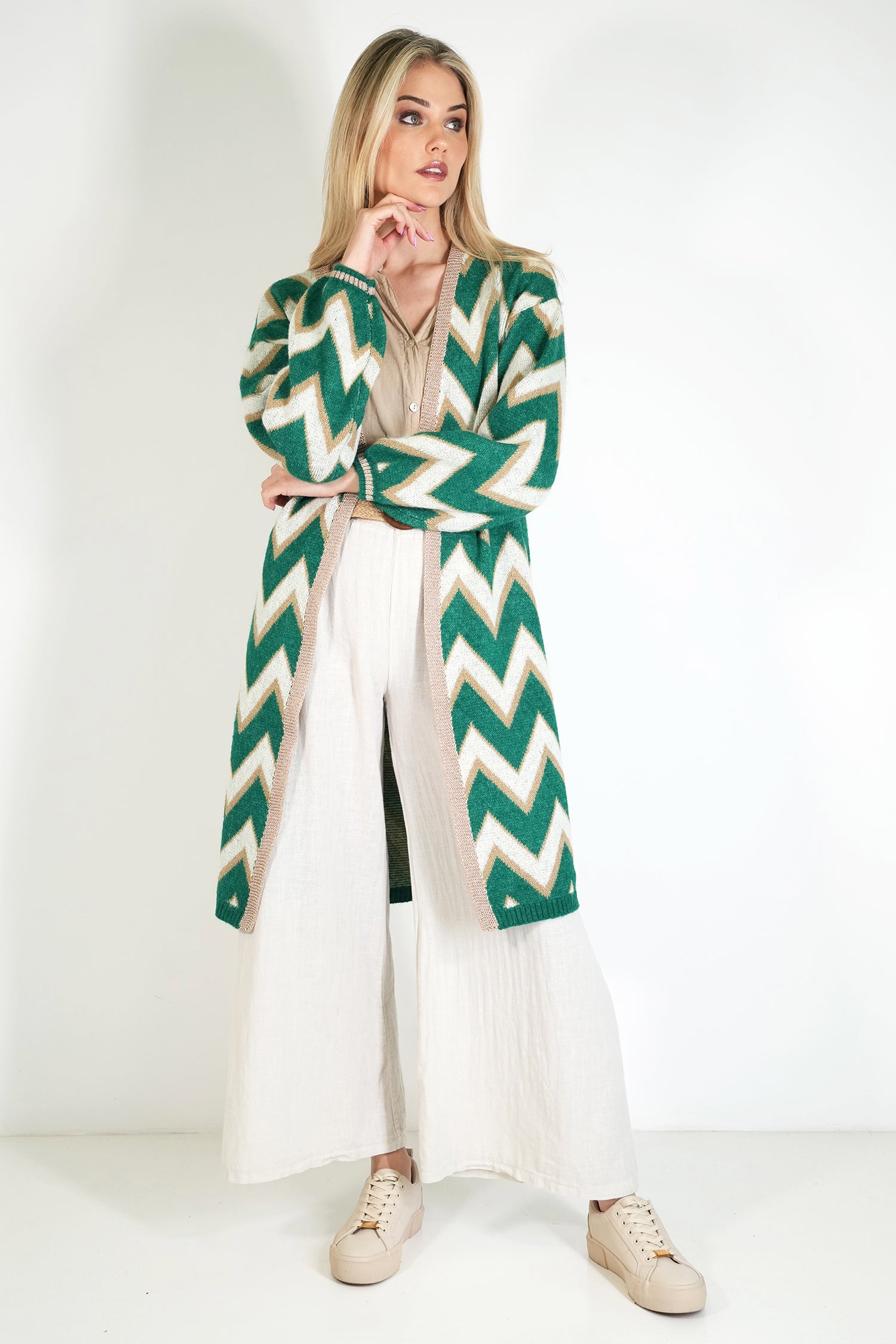 Green and Cream Zig Zag Cosy Longer Length Cardigan