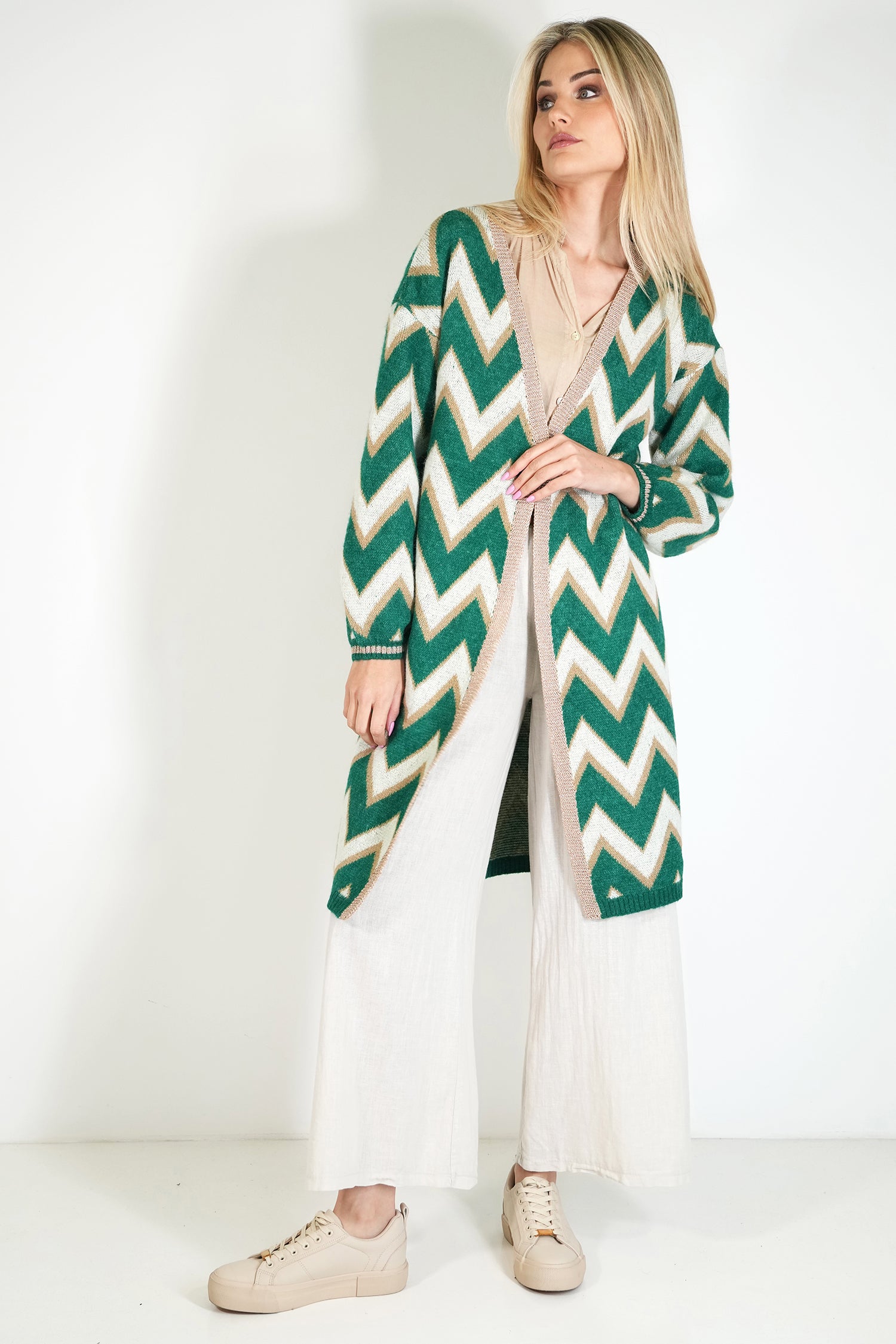 Green and Cream Zig Zag Cosy Longer Length Cardigan