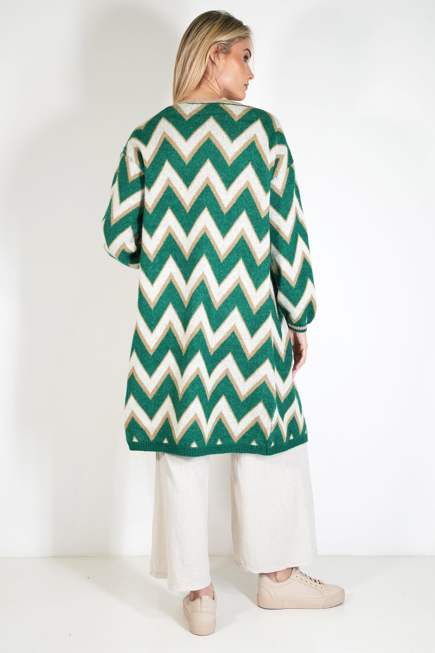 Green and Cream Zig Zag Cosy Longer Length Cardigan
