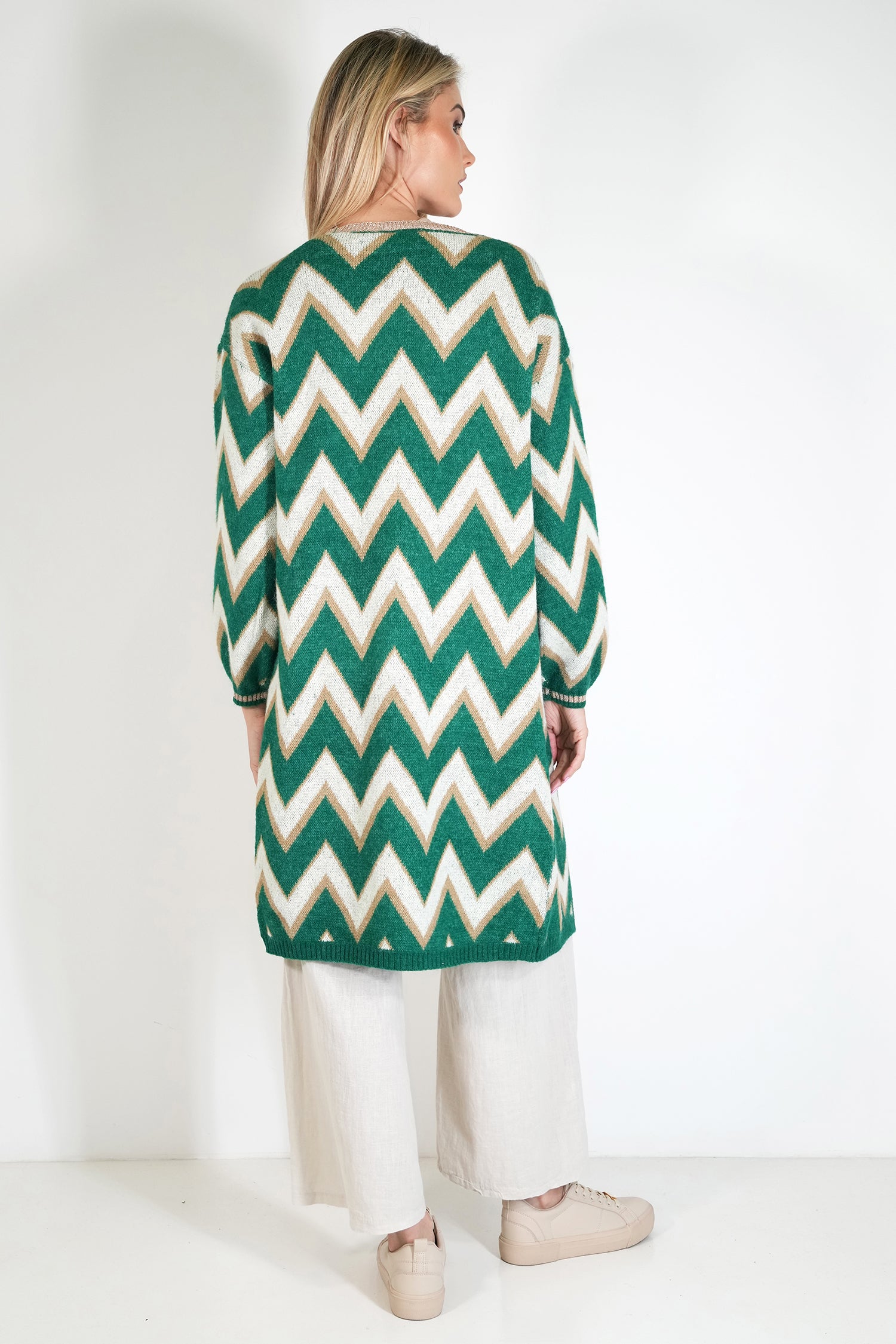 Green and Cream Zig Zag Cosy Longer Length Cardigan