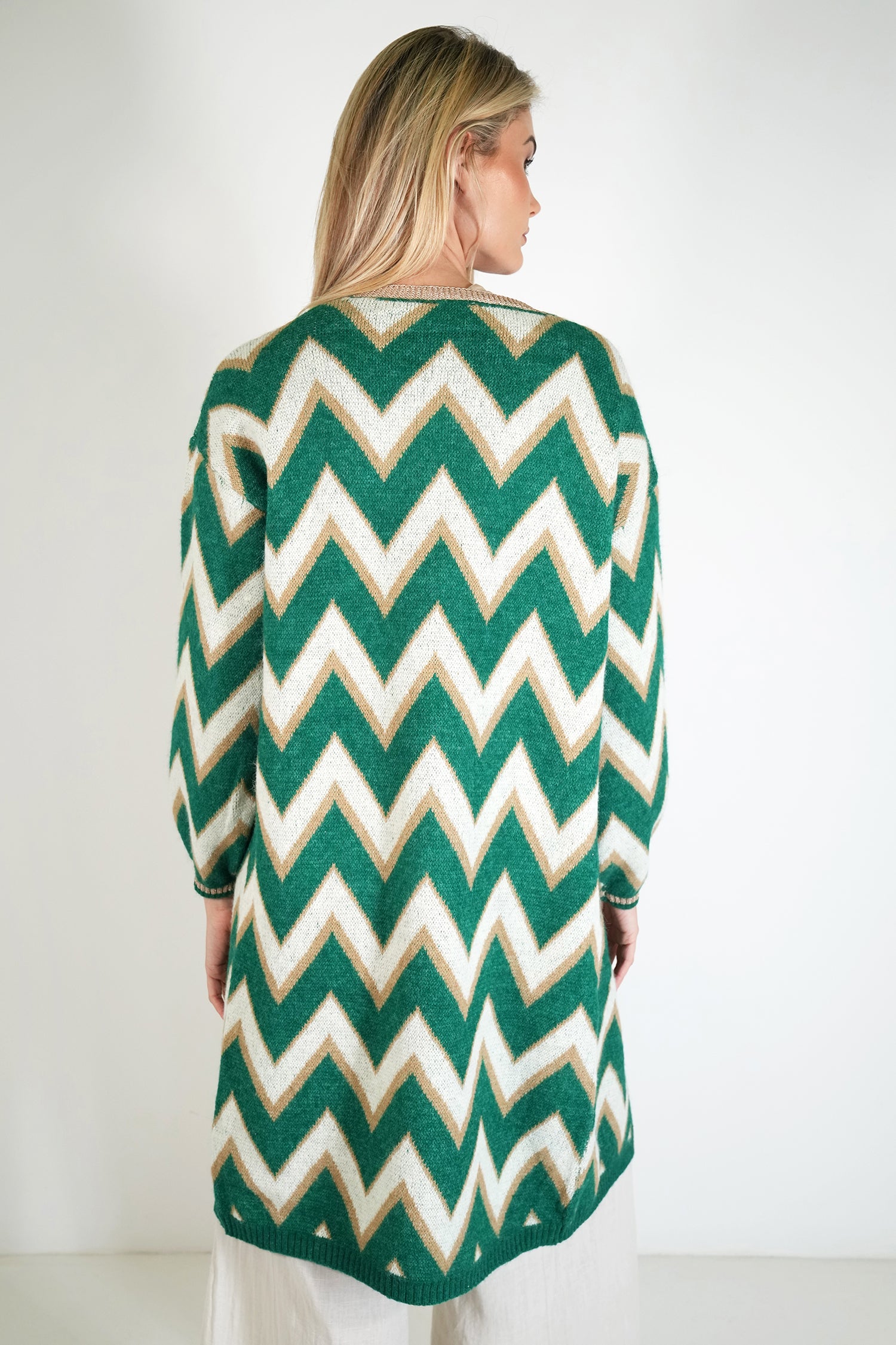 Green and Cream Zig Zag Cosy Longer Length Cardigan