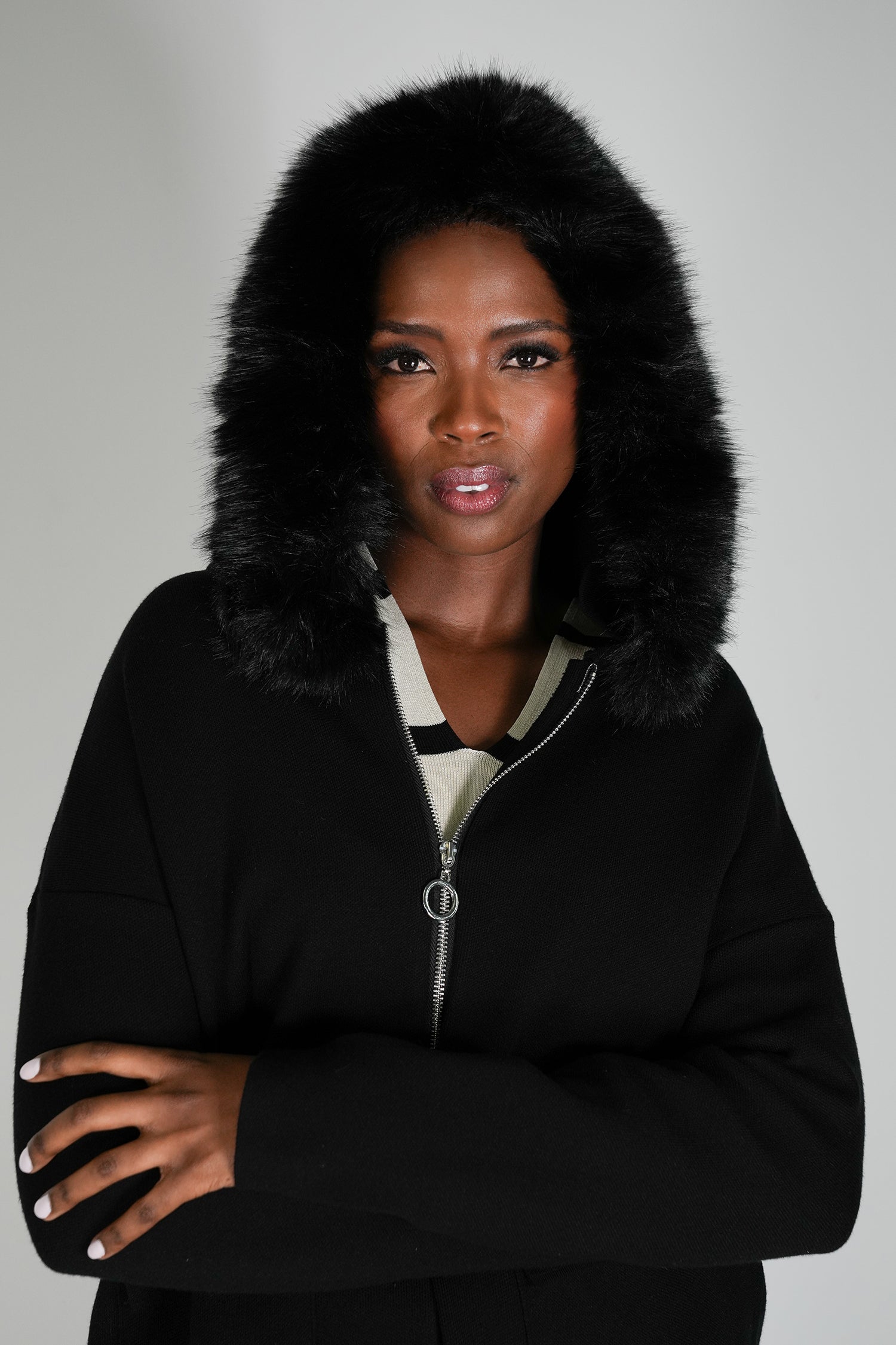 Black Faux Fur Zip Cardigan