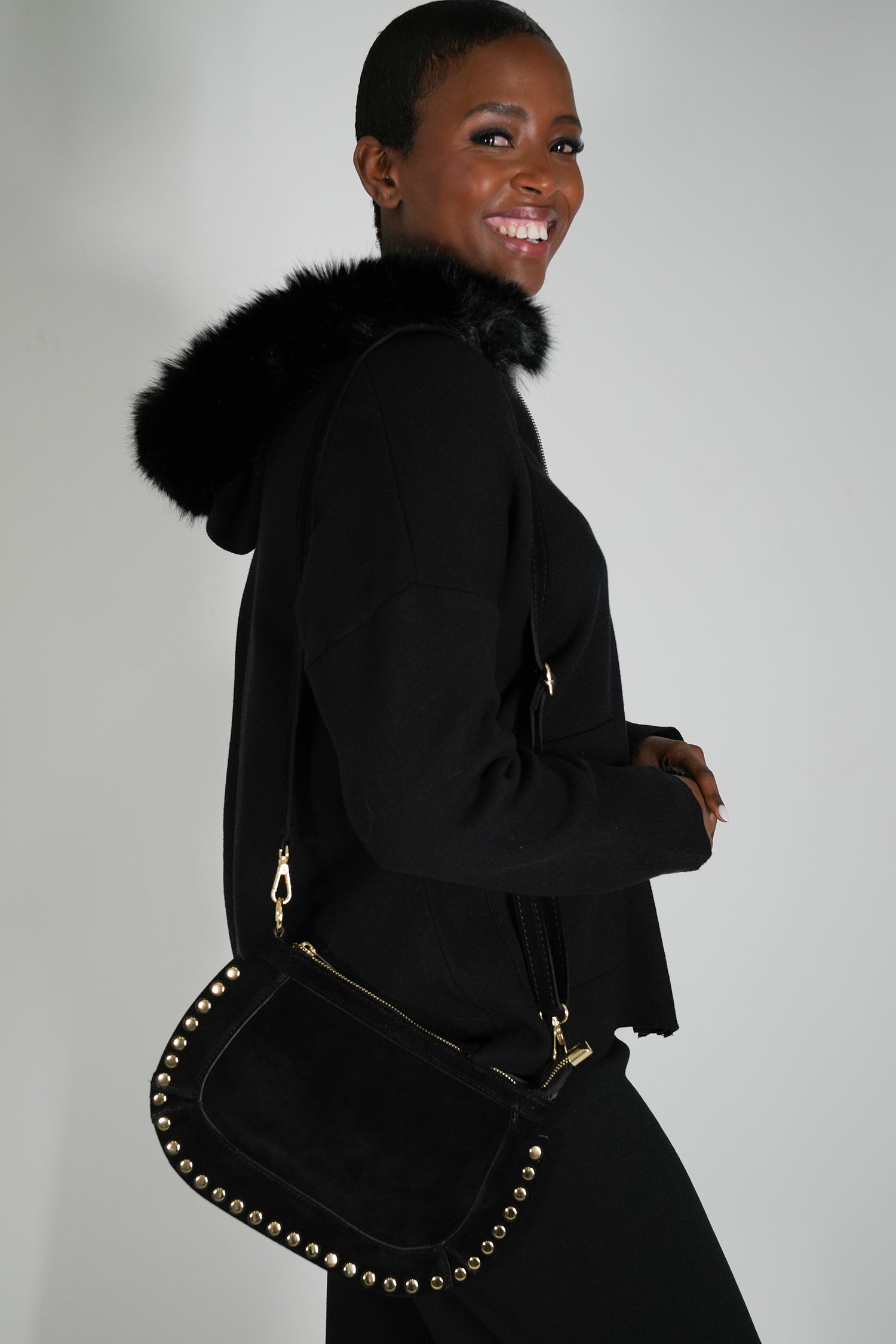 Black Faux Fur Zip Cardigan