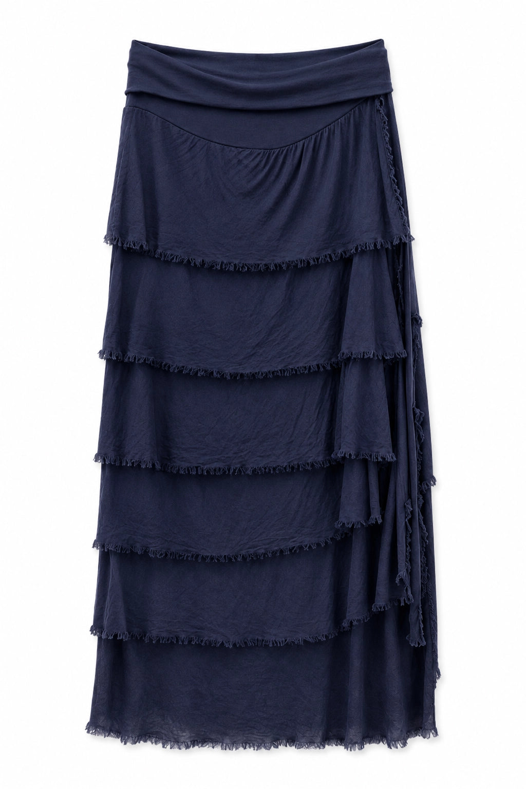 A dark navy blue tiered skirt with a draped, ruffled design and frayed edges, shown against a plain white background.