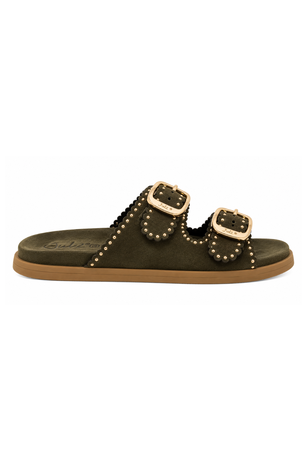 An olive green double-strap slide sandal with gold-tone buckles, studded trim, and a tan sole, shown from a side profile on a white background.