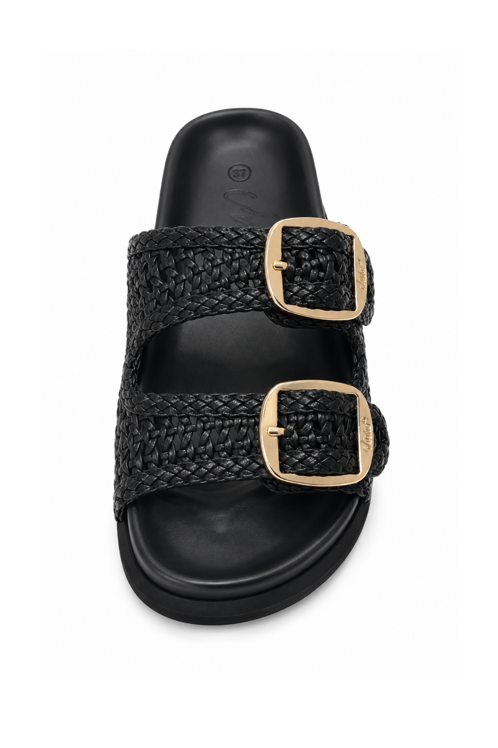 A single black slide sandal with two wide braided straps and large gold-tone square buckles, shown from a top-down view on a white background.
