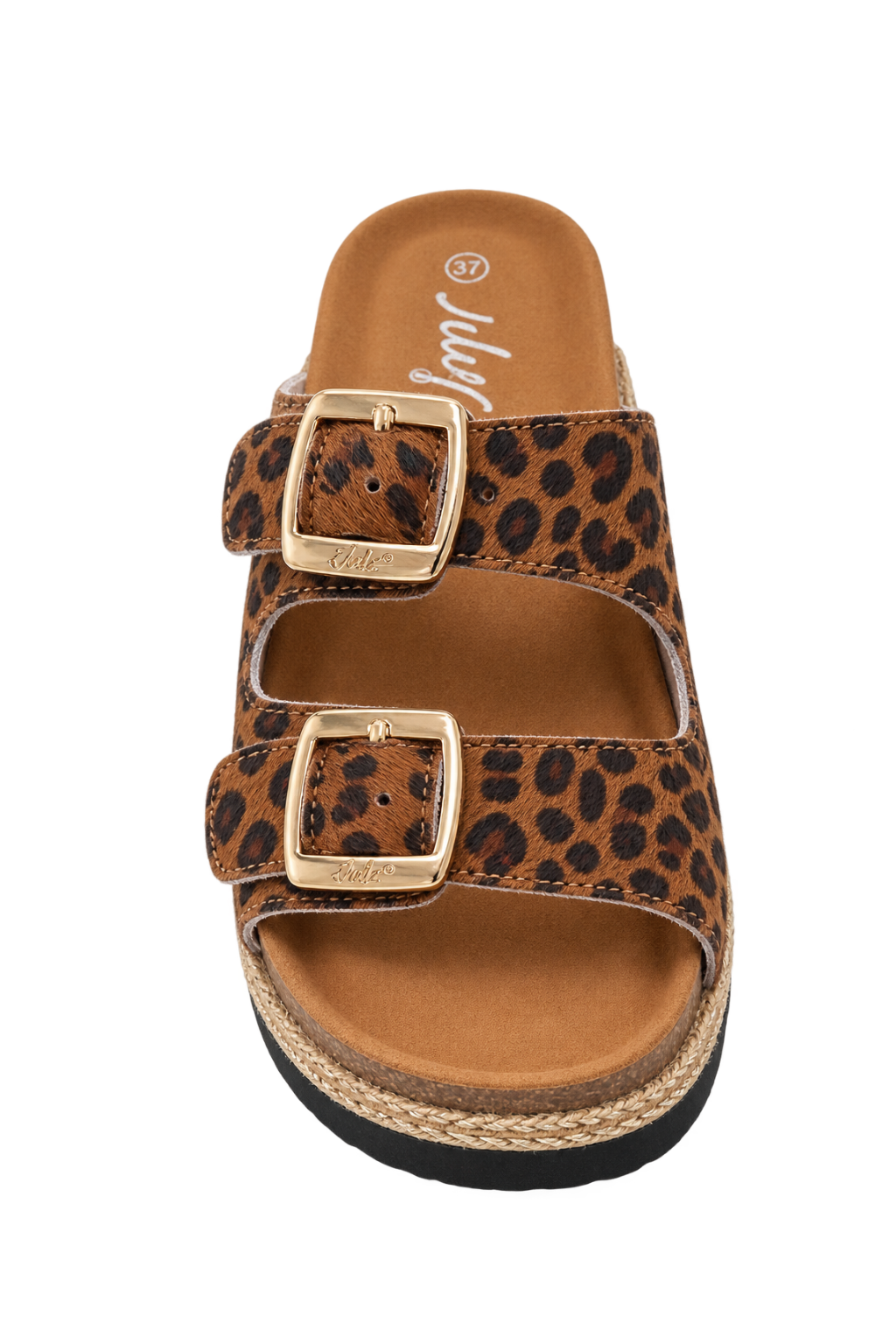 A single women's slide sandal with a brown and black leopard print upper, featuring two adjustable straps with gold-tone buckles, a tan insole, and a braided jute platform sole, shown against a plain white background.