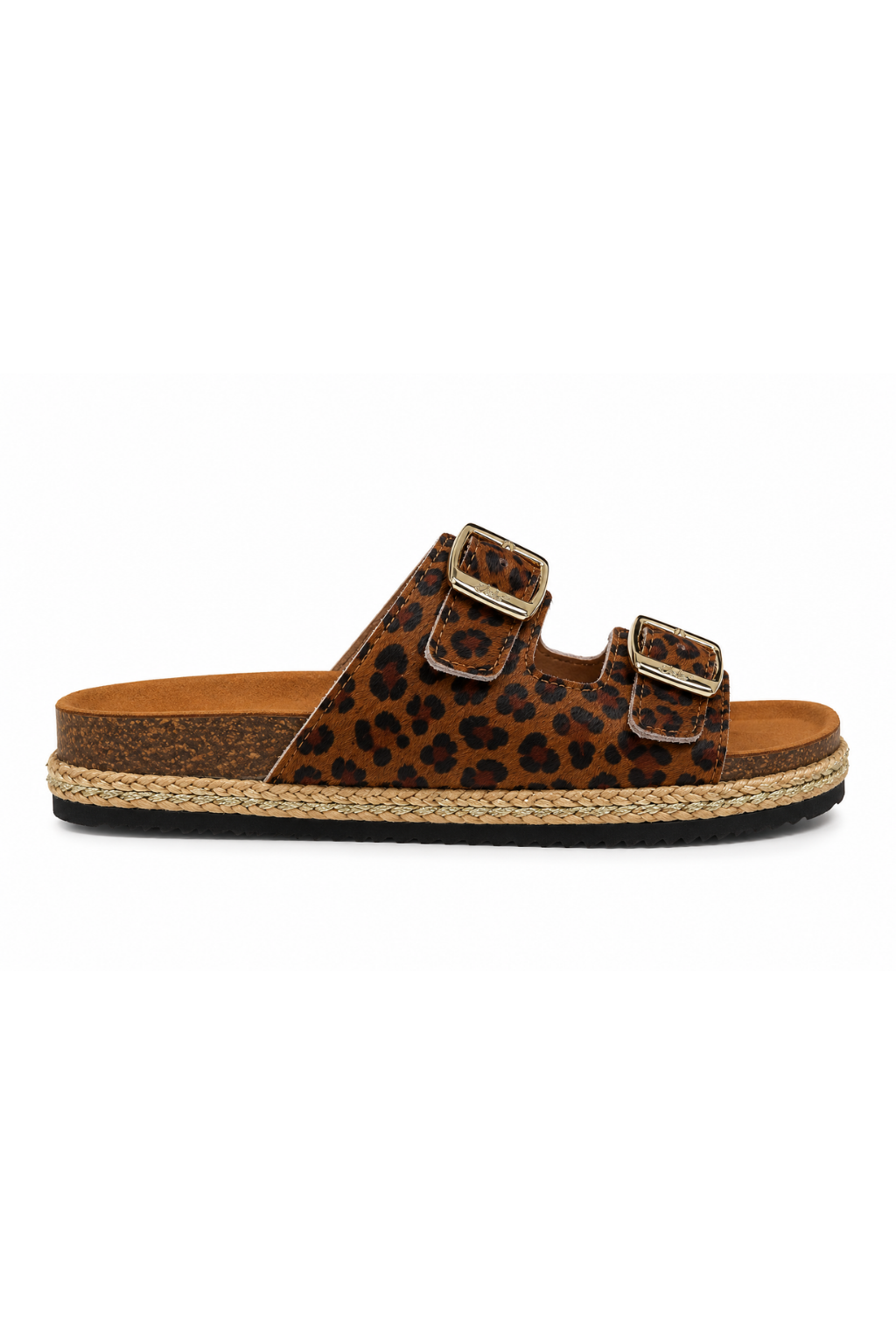 A single brown leopard-print espadrille slide sandal with two adjustable buckled straps, shown in a side profile on a white background.