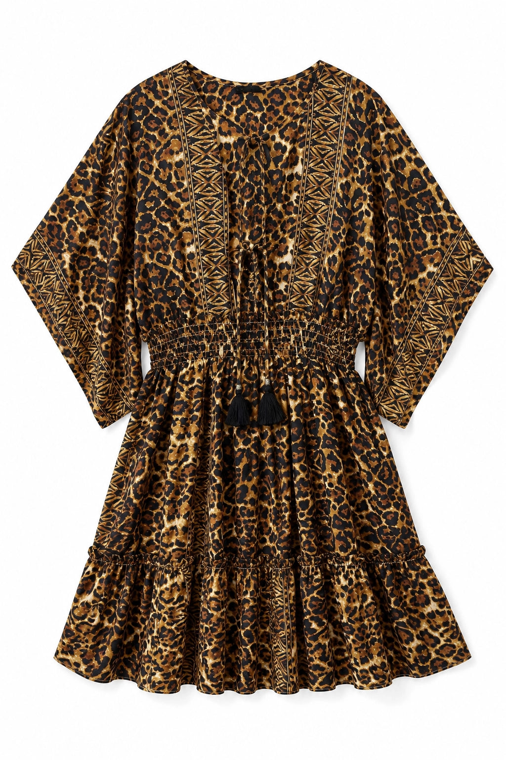 A leopard print dress with a tiered skirt and elbow-length sleeves, featuring a black tassel tie at the waist, shown against a plain white background.