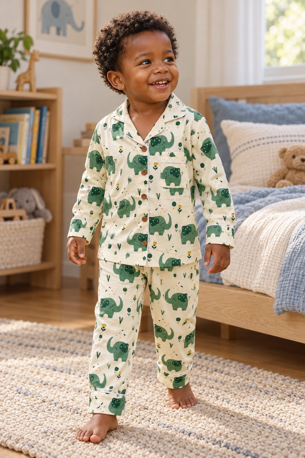 A toddler stands barefoot in a child's bedroom wearing a two-piece pajama set with a green elephant print on a cream background. The set includes a long-sleeve button-up top and matching pants.
