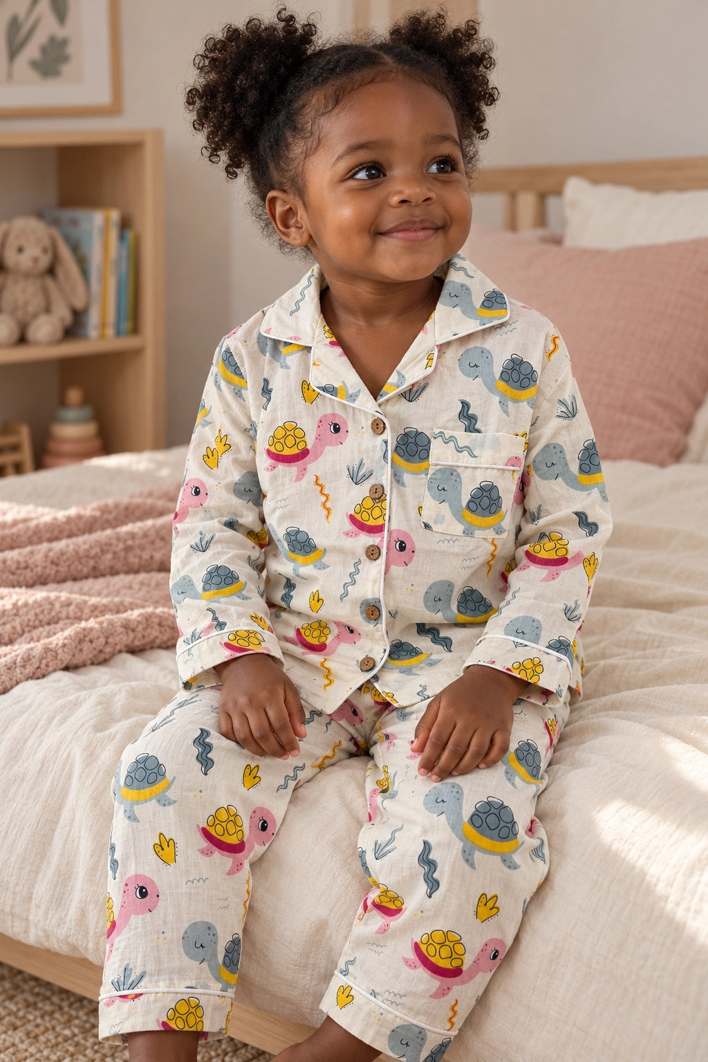 A young child with curly hair sits on a bed wearing a matching pajama set with a colorful cartoon print. The pajamas have a warm off-white base with blue, yellow, and pink characters.