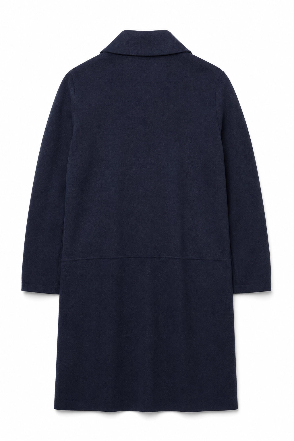 A dark navy blue wool-blend coat shown from the back, featuring a high collar and long sleeves, photographed against a clean white background.
