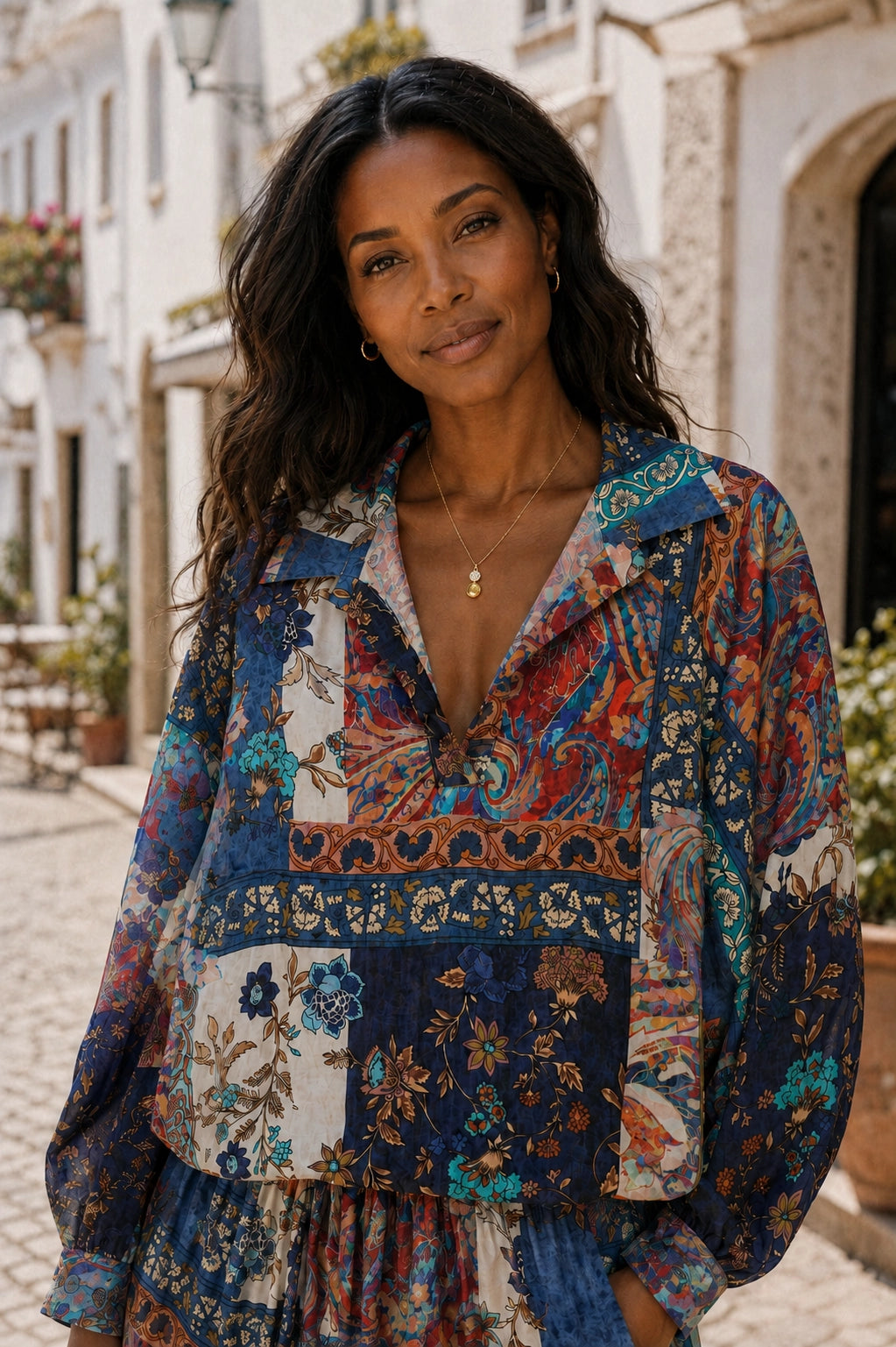 A woman wearing a colorful patchwork bohemian long-sleeve blouse with a V-neckline, standing in a sunlit outdoor street with white buildings in the background.