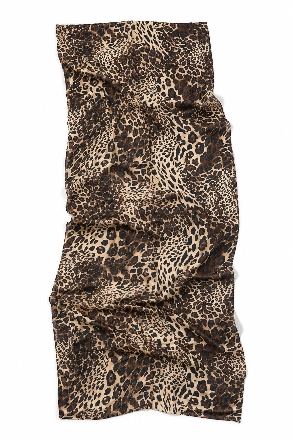 A leopard print scarf with a brown, black, and beige animal spot pattern, shown draped flat against a white background.