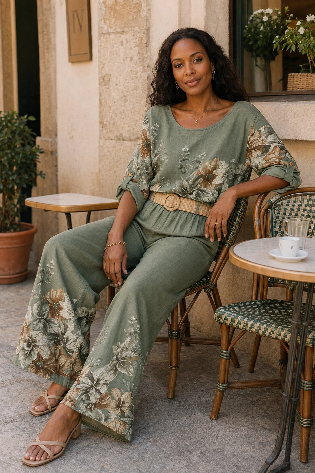 A woman sits on a bistro chair at an outdoor cafe, wearing a sage green two-piece set with a floral print and a wide tan belt.