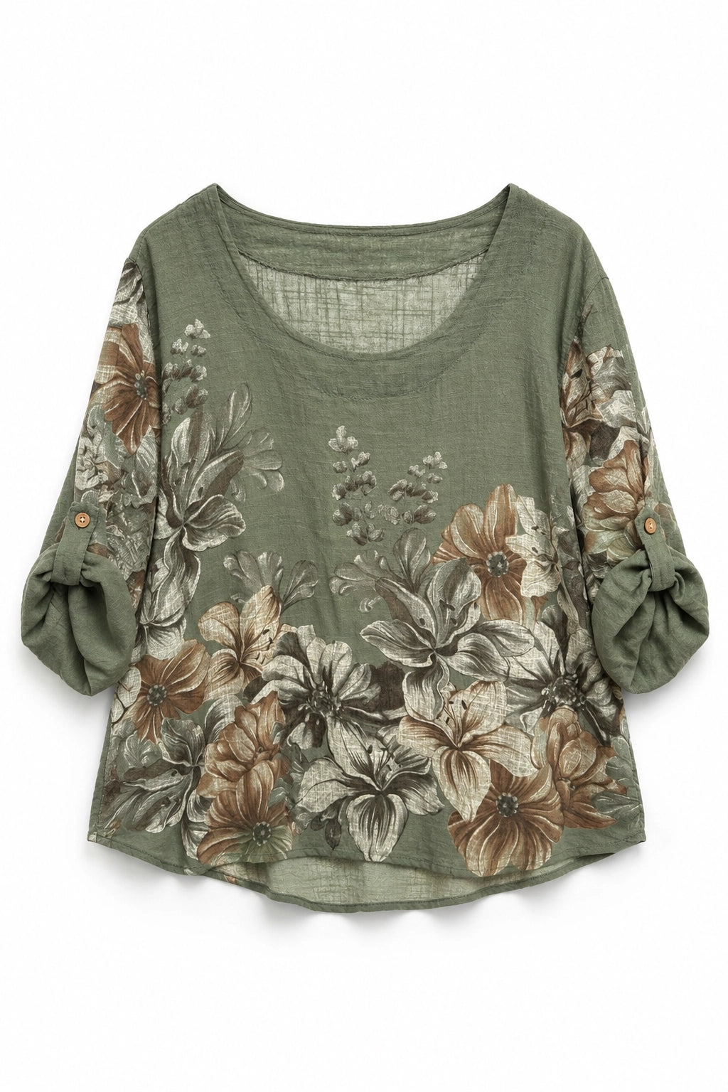 An olive green short-sleeve top with a large brown and beige floral print, featuring three-quarter sleeves with button cuffs, shown flat against a white background.