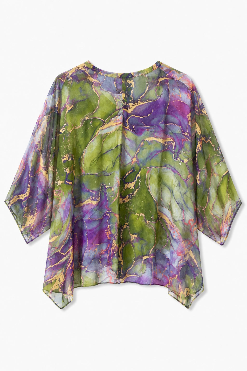 A lightweight, semi-sheer three-quarter sleeve top with an abstract marbled pattern in green, purple, and gold, displayed flat against a light gray background.