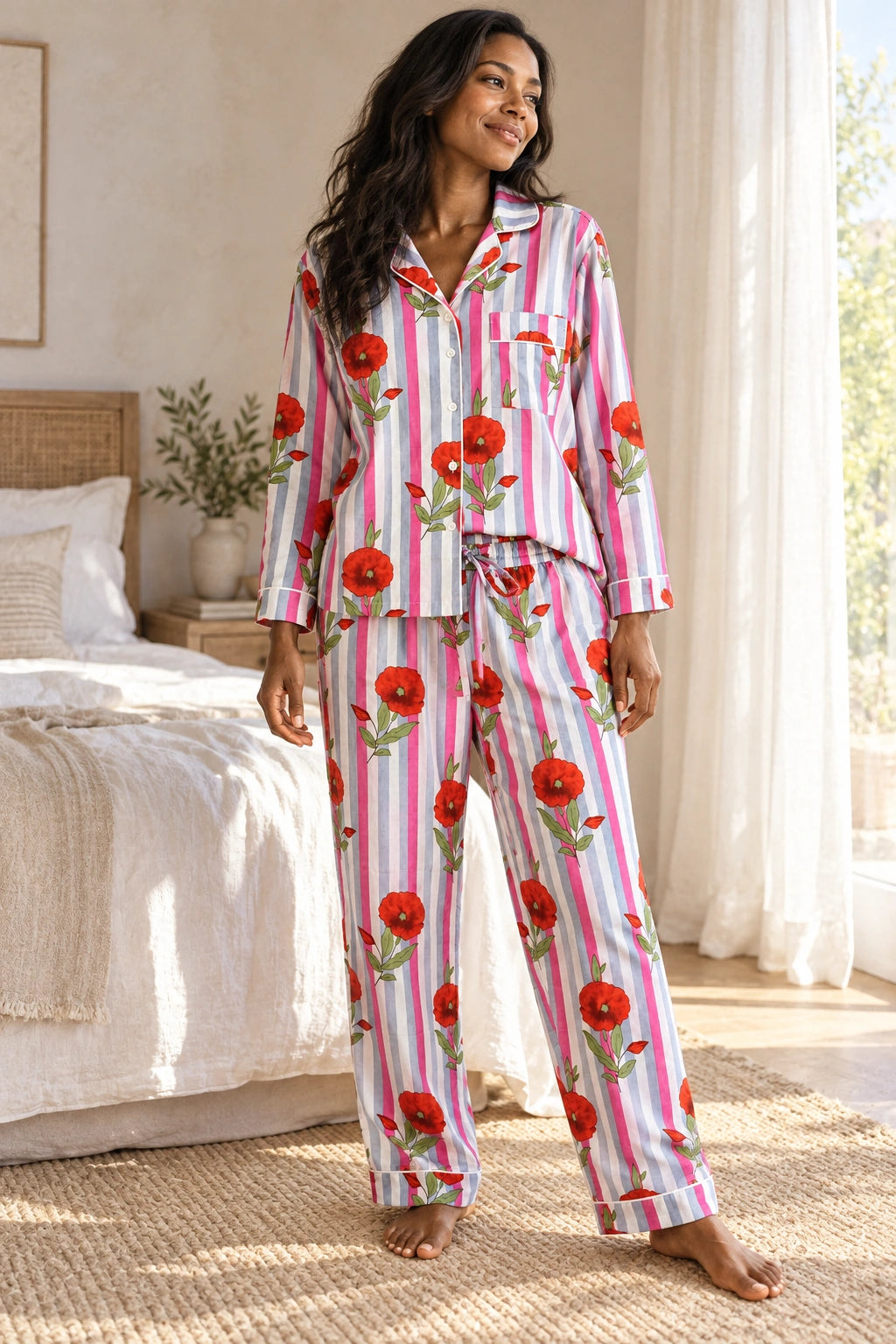 Pink Striped Red Flower Cotton Long Sleeve PJ