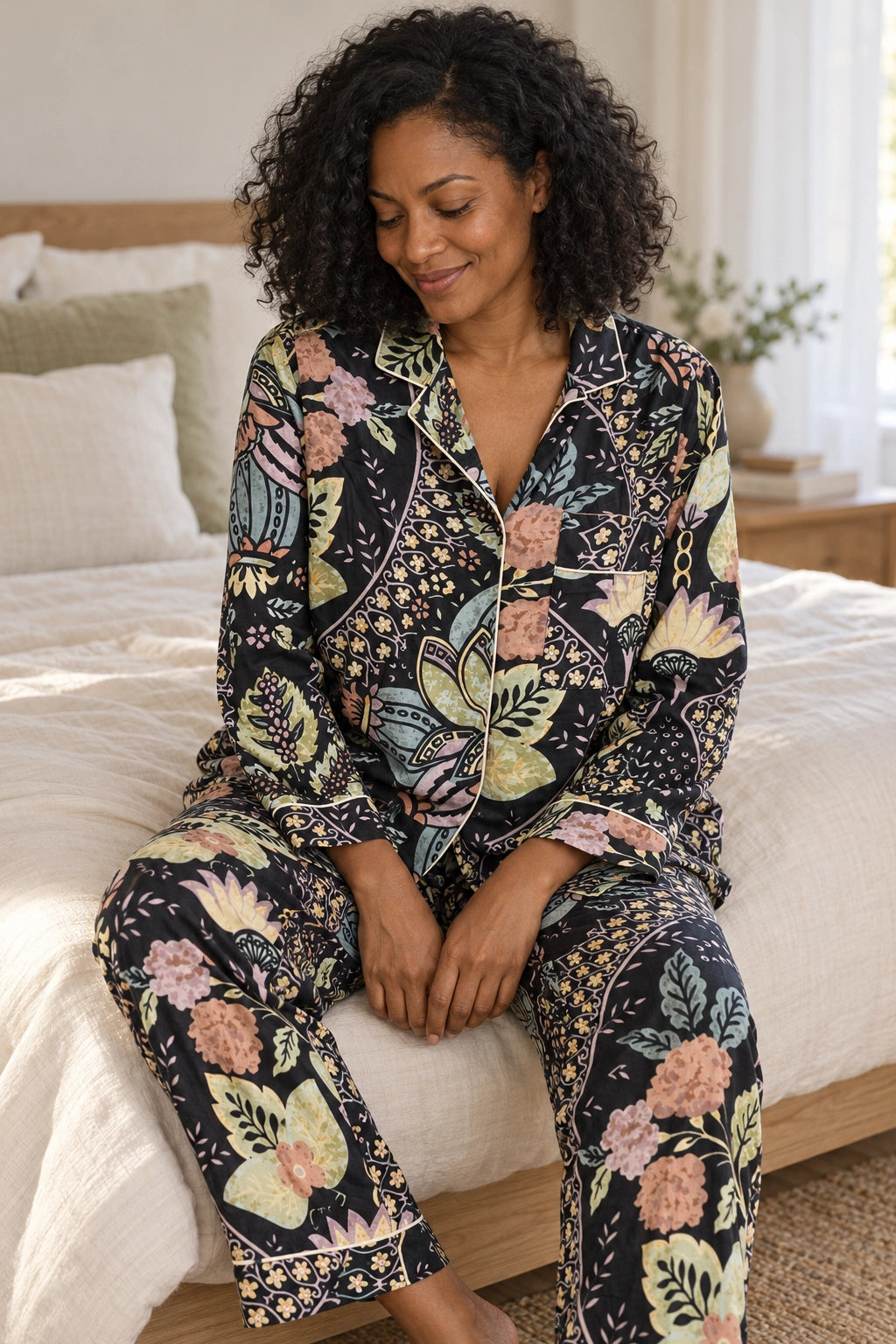 Black Printed Cotton Long Sleeve PJ In Bag