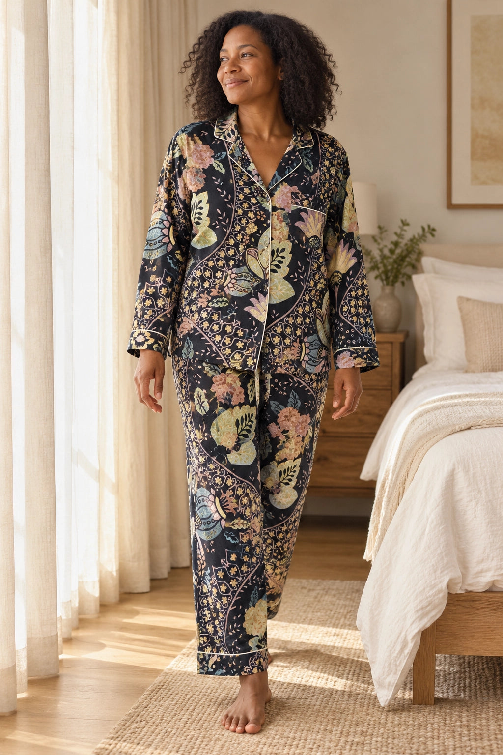 A woman stands barefoot in a bedroom wearing a long-sleeve pajama set with a dark navy floral and butterfly print. The set includes a button-front top and matching pants.