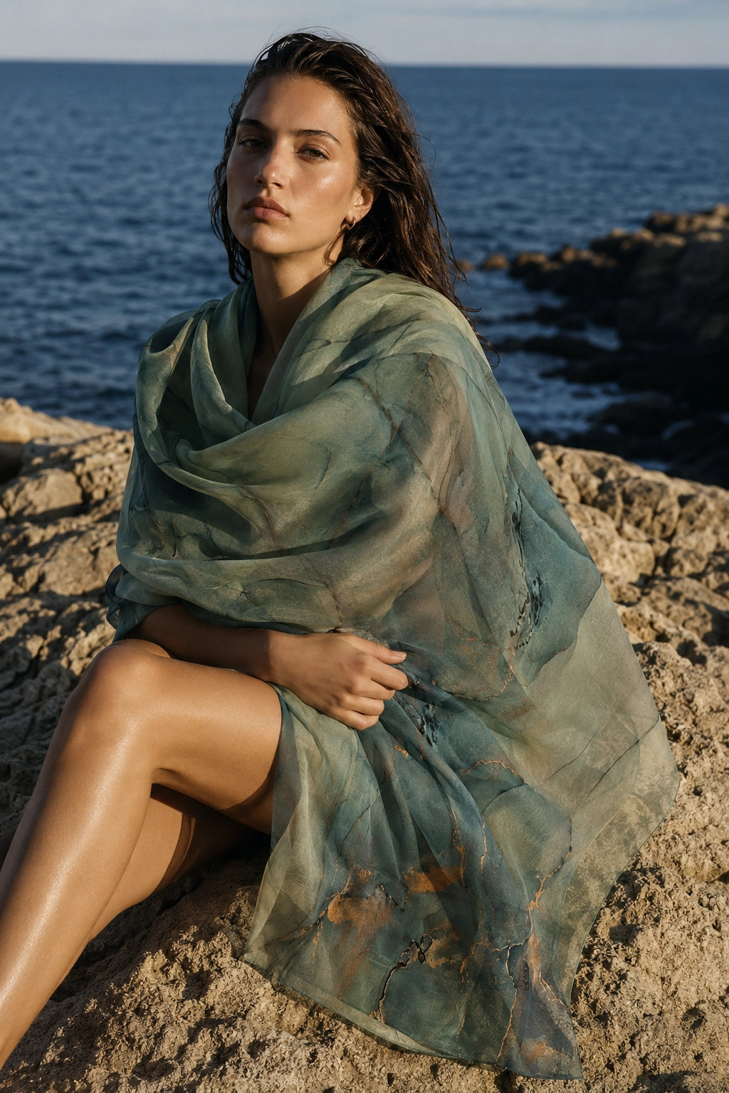 A woman sits on rocky beach terrain with the ocean in the background, wrapped in a sheer, flowing shawl or sarong in muted sage green with blue-green and brown marbled tones.