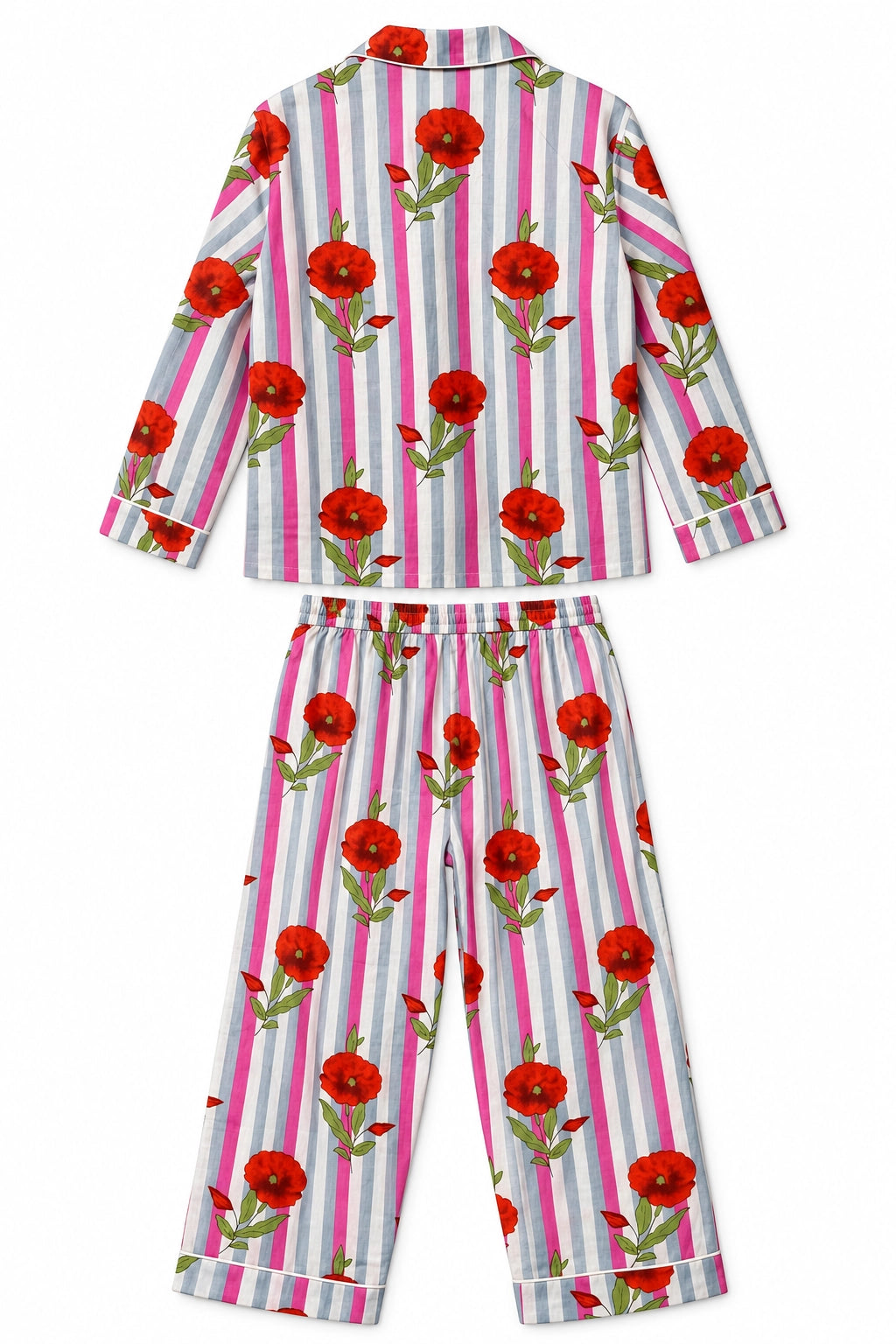 Pink Striped Red Flower Cotton Long Sleeve PJ